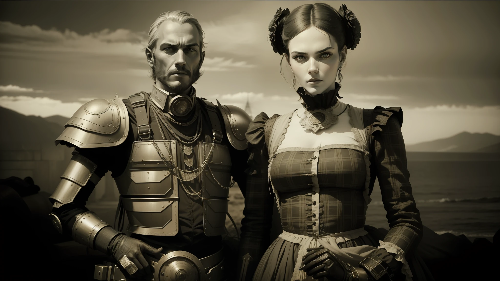 there is a robot and a woman dressed in costumes side by side, victorian science fiction inspired, hugh kretschmer, plaid attire, wearing ornate armor, daguerreotype photography, cinematography 2009, cinematic widescreen footage, black and white color photography, fashion photography fine art, cgsociety!, mad max style, scottish folklore, kenny mcbride --auto --s2