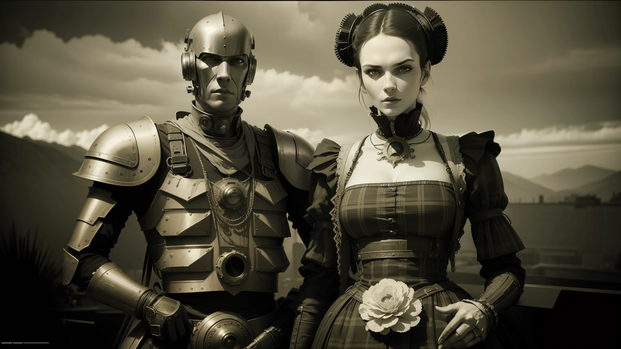 there is a robot and a woman dressed in costumes side by side, victorian science fiction inspired, hugh kretschmer, plaid attire, wearing ornate armor, daguerreotype photography, cinematography 2009, cinematic widescreen footage, black and white color photography, fashion photography fine art, cgsociety!, mad max style, scottish folklore, kenny mcbride --auto --s2