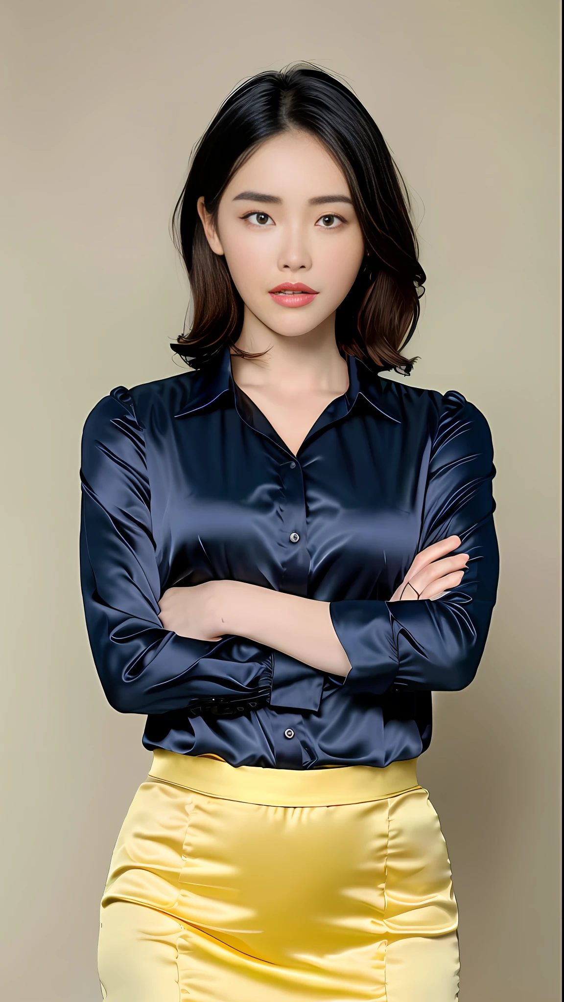 top quality, high resolution, ultra-detailed, wear a satin wrench coat, the material of the satin wrench coat and satin blouse is shiny, soft and smooth to the touch, the buttons of the satin wrench coat are large, the buttons in front of the satin wrench coat are fastened, and the underwear is not worn, the collar of the satin blouse must be taken out of the satin wrench coat, Body-fitting satin blouse, satin blouse color is black, chest is C cup, Japan AV model, wearing a shirt, wearing a coat, one beauty, the place is a hotel bedroom, the eyes are clear double, Wet lips and appeal, the subject is alone, the subject's face is all on the screen, inviting provocative look, sleeping on your back on the bed,