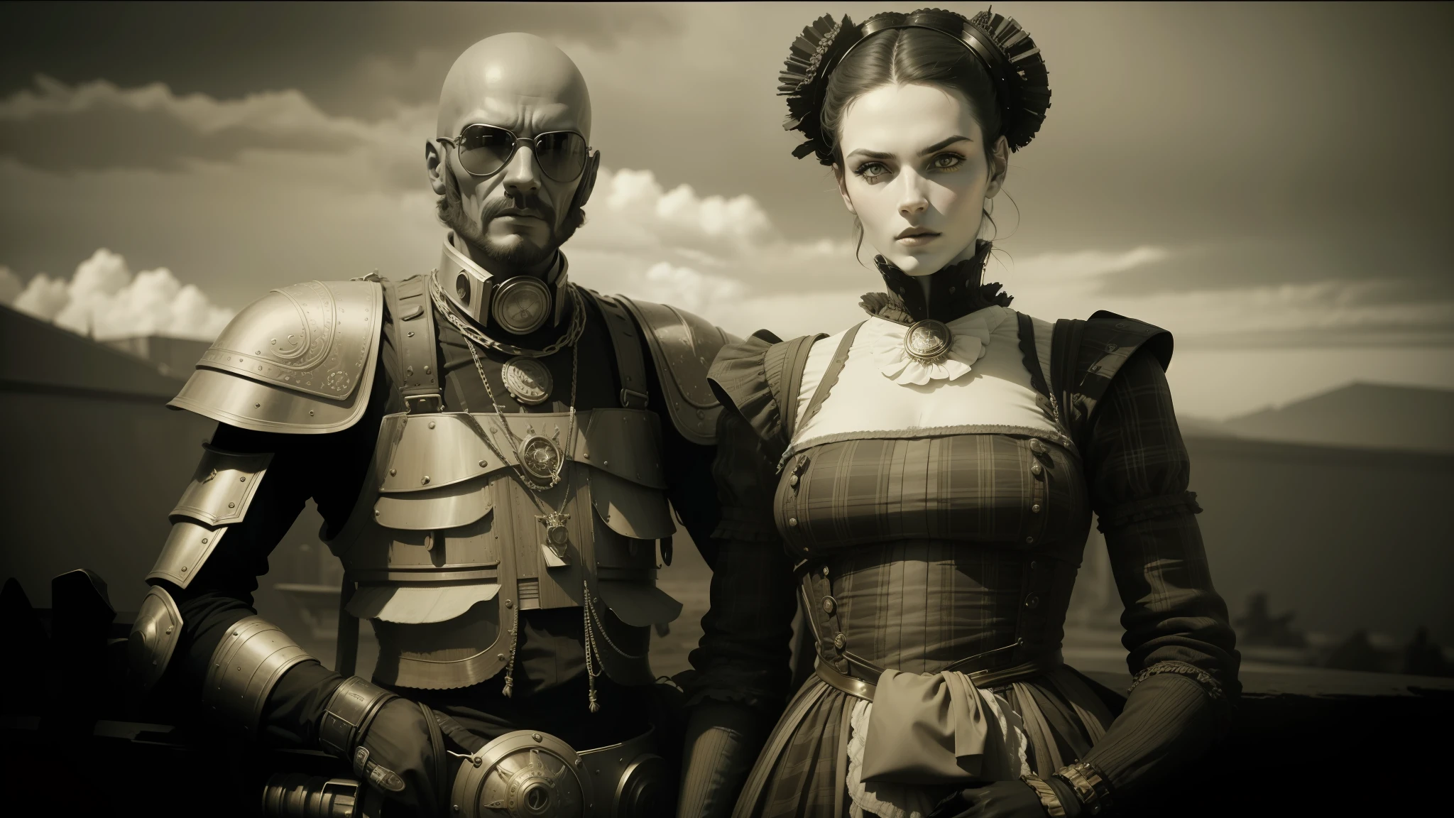 there is a robot and a woman dressed in costumes side by side, victorian science fiction inspired, hugh kretschmer, plaid attire, wearing ornate armor, daguerreotype photography, cinematography 2009, cinematic widescreen footage, black and white color photography, fashion photography fine art, cgsociety!, mad max style, scottish folklore, kenny mcbride --auto --s2