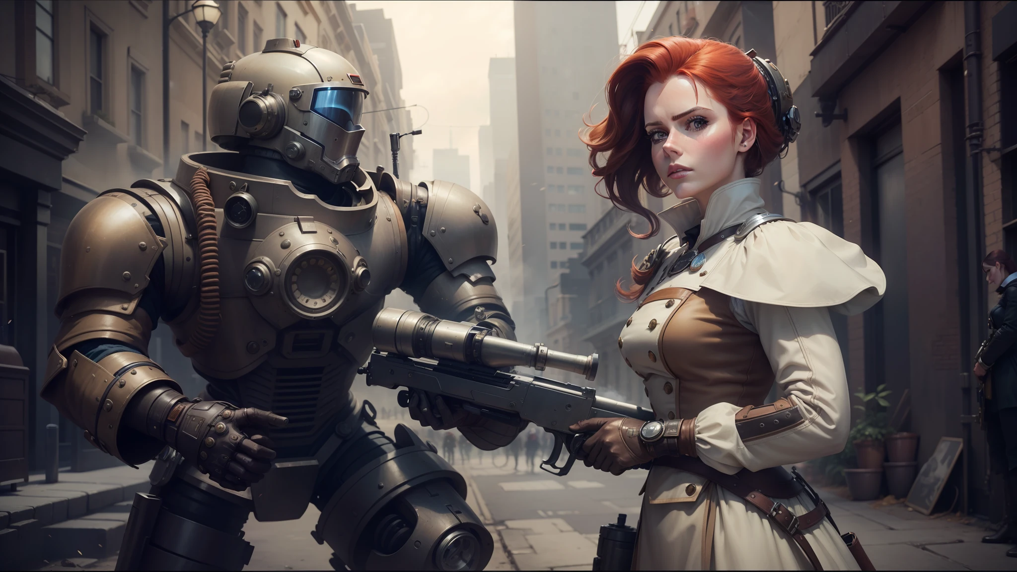 there is a woman standing next to a robot in a city, steampunk male portrait, pretty female amy adams, white steam on the side, attractive brown hair woman, pistol and bazooka, ash thorp, both wearing victorian clothes, fallout style, beautiful female knight, professional graflex photograph, high resolution print, arcane from netflix, redhead woman --auto --s2