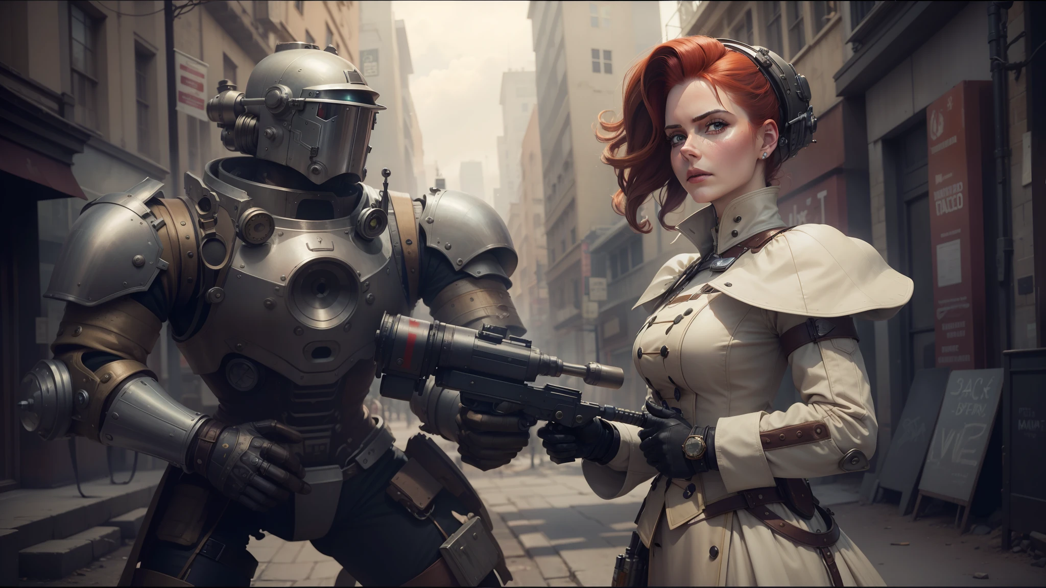 there is a woman standing next to a robot in a city, steampunk male portrait, pretty female amy adams, white steam on the side, attractive brown hair woman, pistol and bazooka, ash thorp, both wearing victorian clothes, fallout style, beautiful female knight, professional graflex photograph, high resolution print, arcane from netflix, redhead woman --auto --s2