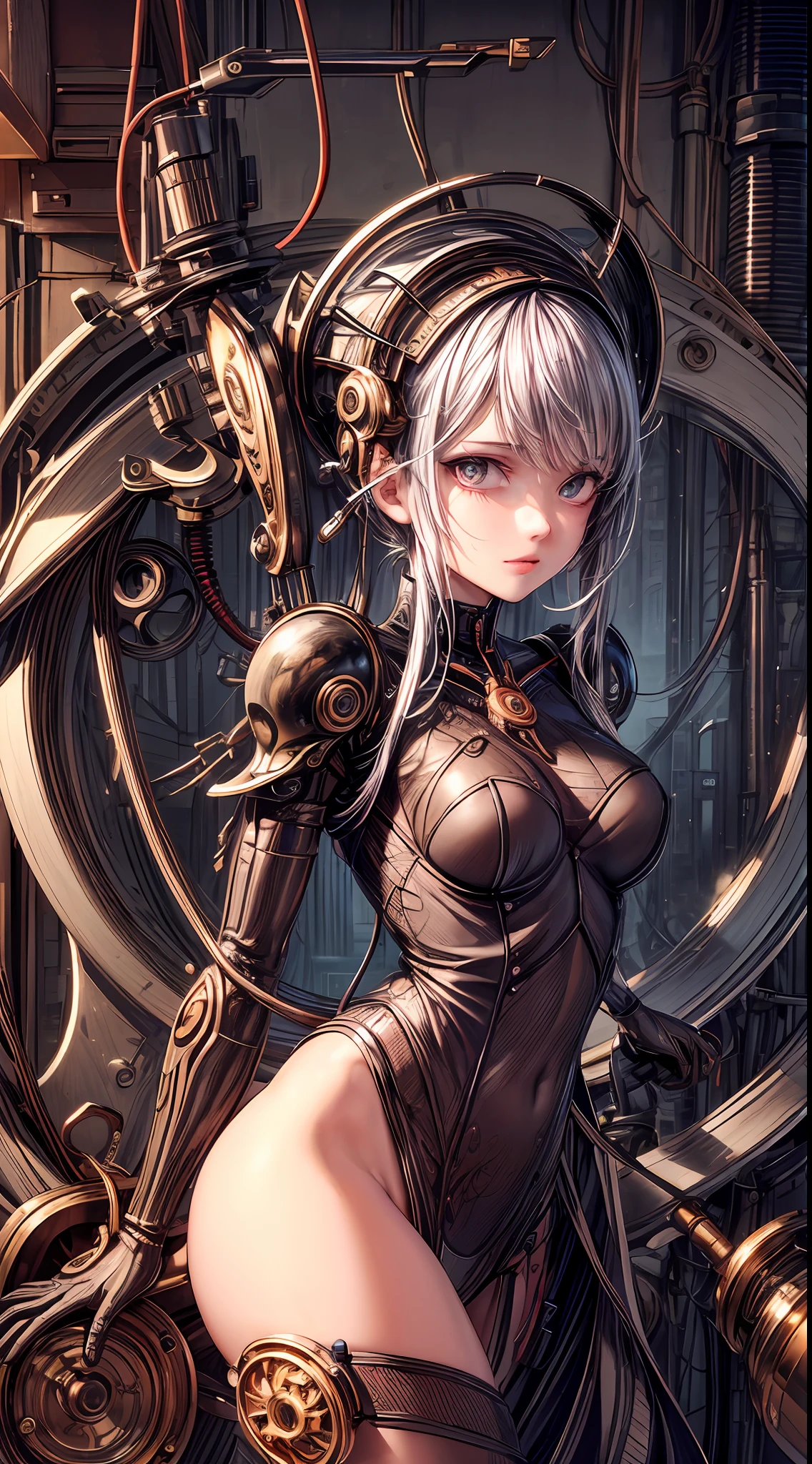 (((masterpiece))), ((best quality)), ((ultra-detailed)), (CG illustration), (an extremely devious and beautiful)), (cute desktop face), cinematic light, ((1 mechanical girl)), single, full, (machine-made joints). : 1.4), ((mechanical limb)), (blood vessel attached to tube), ((mechanical spine attached to back)), (mechanical cervical vertebrae attached to neck), ((clockwork core)), expressionless, (wires and cables attached to head and body: 1.5), (character focus), science fiction, city