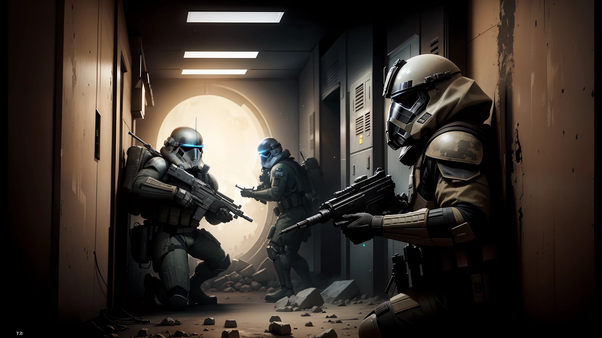 soldiers in a hallway with weapons and helmets on, star wars digital art, screenshot from the game'crysis', black swat vest, youtube thumbnail, realistic moon in the background, by Nathan Wyburn, toon rendering, the artist has used bright, dark concrete room, attacking, cartoon image --auto --s2