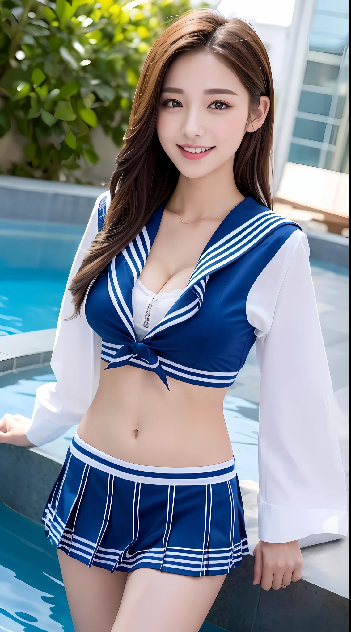 ((Best Quality, 8K, Masterpiece: 1.3)), 1girl, Slim Beauty: 1.3, (Hairstyle Casual, Big Breasts: 1.2), Colorful Sailor Suit: 1.1, JK Miniskirt, Super Fine Face, Fine Eyes, Double Eyelids, Smile, Focus, Hot Spring, Navel, Cleavage, Slim Figure