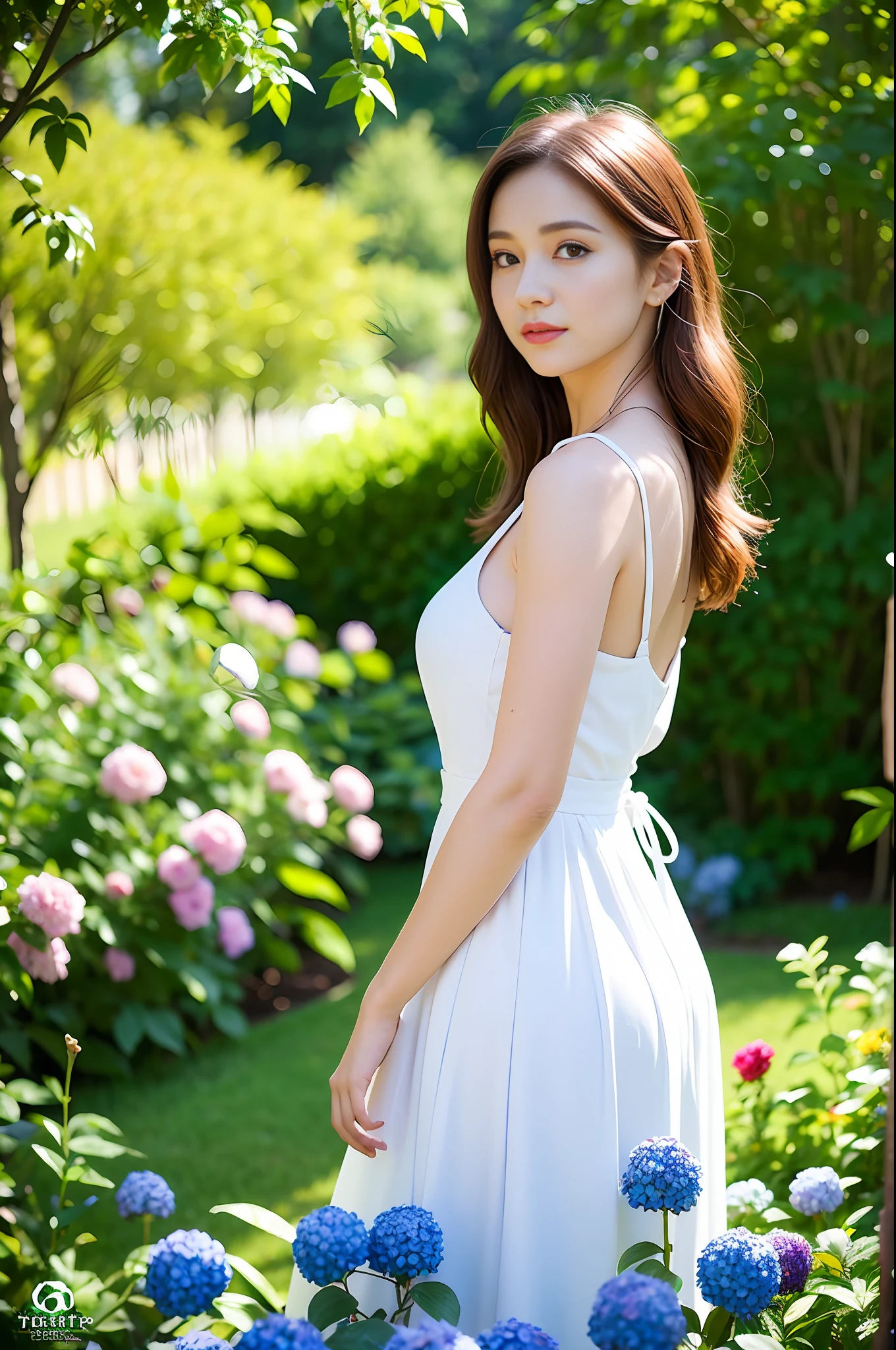 (Best Quality, Masterpiece: 1.2), Portrait, Breasts, Outdoor, 25-year-old woman in the garden: 2, White thin summer long dress, light blue flower mess in background: 1.3) Same character, different costume, different angle, backlight: 1.5, rich skin detail: 1.5,