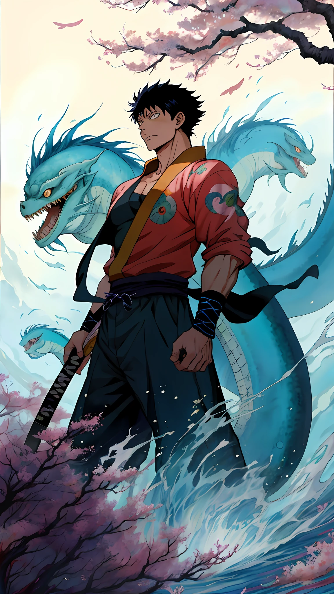 Jujutsu Kaisen's Nobara and One Piece's Nami merge. Both characters now form a dual pirate-ninja personality with large breasts, wielding a katana and cursed energy. He set out to explore a mystical island covered in cherry blossoms, in search of a lost treasure. A friendly phoenix accompanies them, guiding her through the dense forest, while a sinister sea monster lurks in the depths beneath them. ((In the style of Yoshitaka Amano and Eiichiro Oda combined)), vivid colors, dynamic action images, watercolor ((Studio Ghibli painting style)