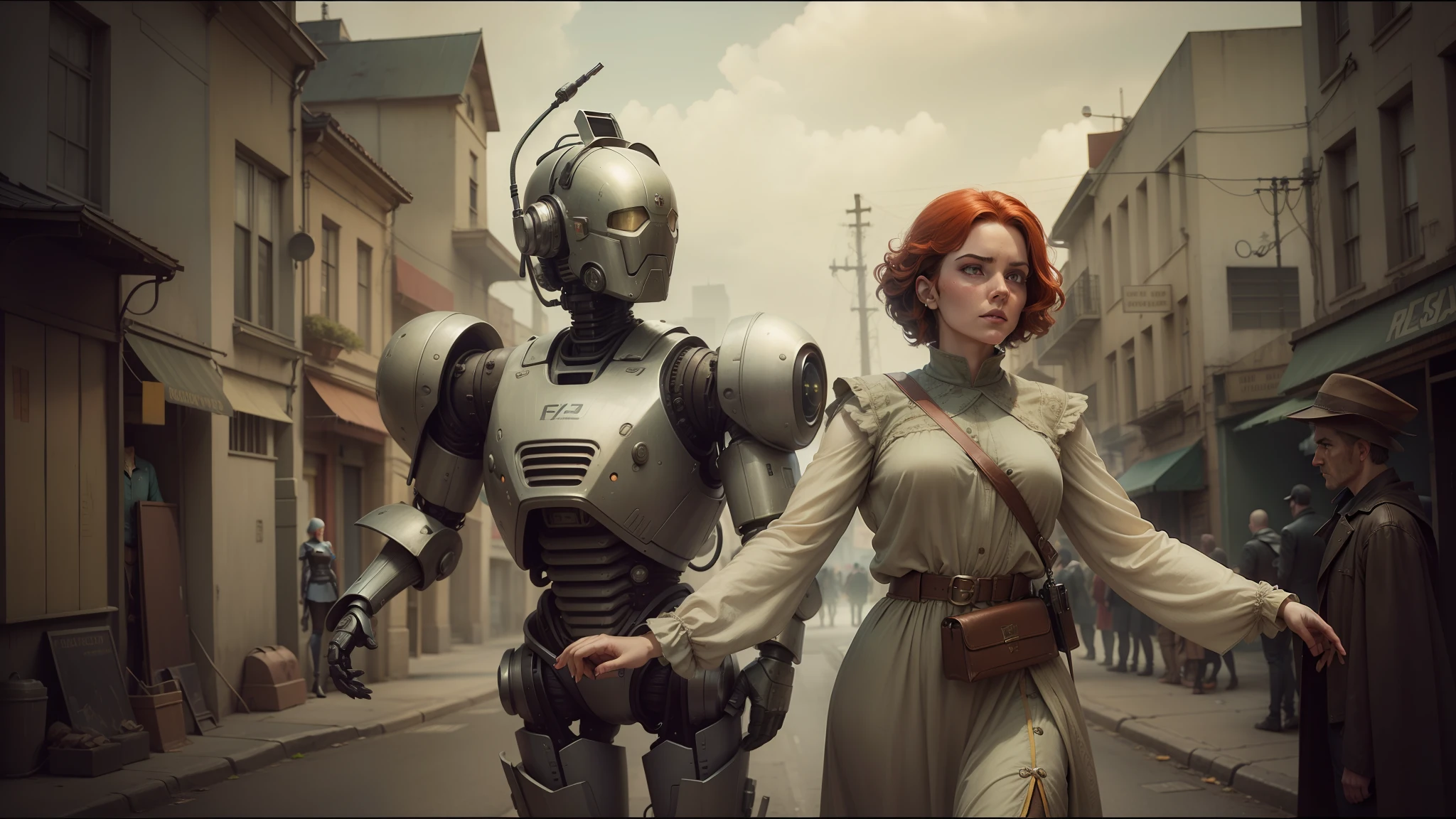 there is a woman standing next to a robot on a street, very beautiful matte painting, triss merigold cosplay, fallout, still form a silent film, inspired by Mykola Burachek, by John E. Berninger, netfilx !n-9, anthropomorphic robot [ thing ], two characters, by Steven James Petruccio --auto --s2