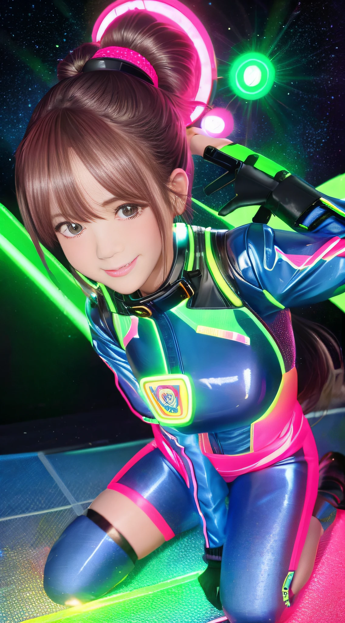 Masterpiece, 4K, HQ, Neon Baby, Look at the Audience, Symmetry, Center, Smile, Anime, Hair tied in ponytail, Sexy, Blush, Future Space Suit, Full Body Photo, egirl