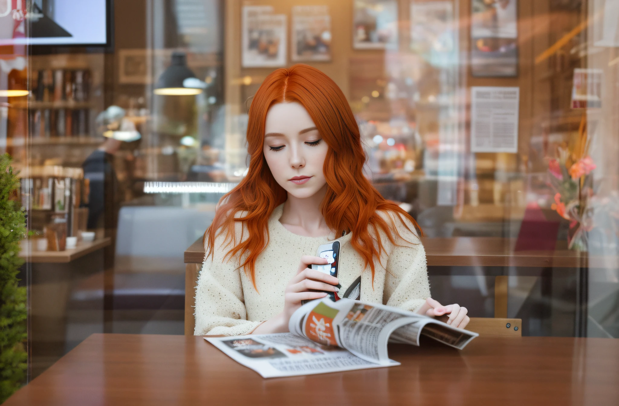 There was a woman sitting at the table, Holding magazines and cell phones, Read the newspaper, Read the newspaper, A person sits in a café, A person sits in a café, Sit in the café, Red-haired young woman, Newspaper photography, A young woman with red hair, Read a new book in a coffee shop, Photo portrait, Read books about love, Red-haired woman, lens flare, diffraction spikes, 85mm, Sony FE GM, cinematic lighting, drop shadow, UHD, masterpiece, textured skin, super detail, high details, high quality, award winning, best quality, highres, 16k