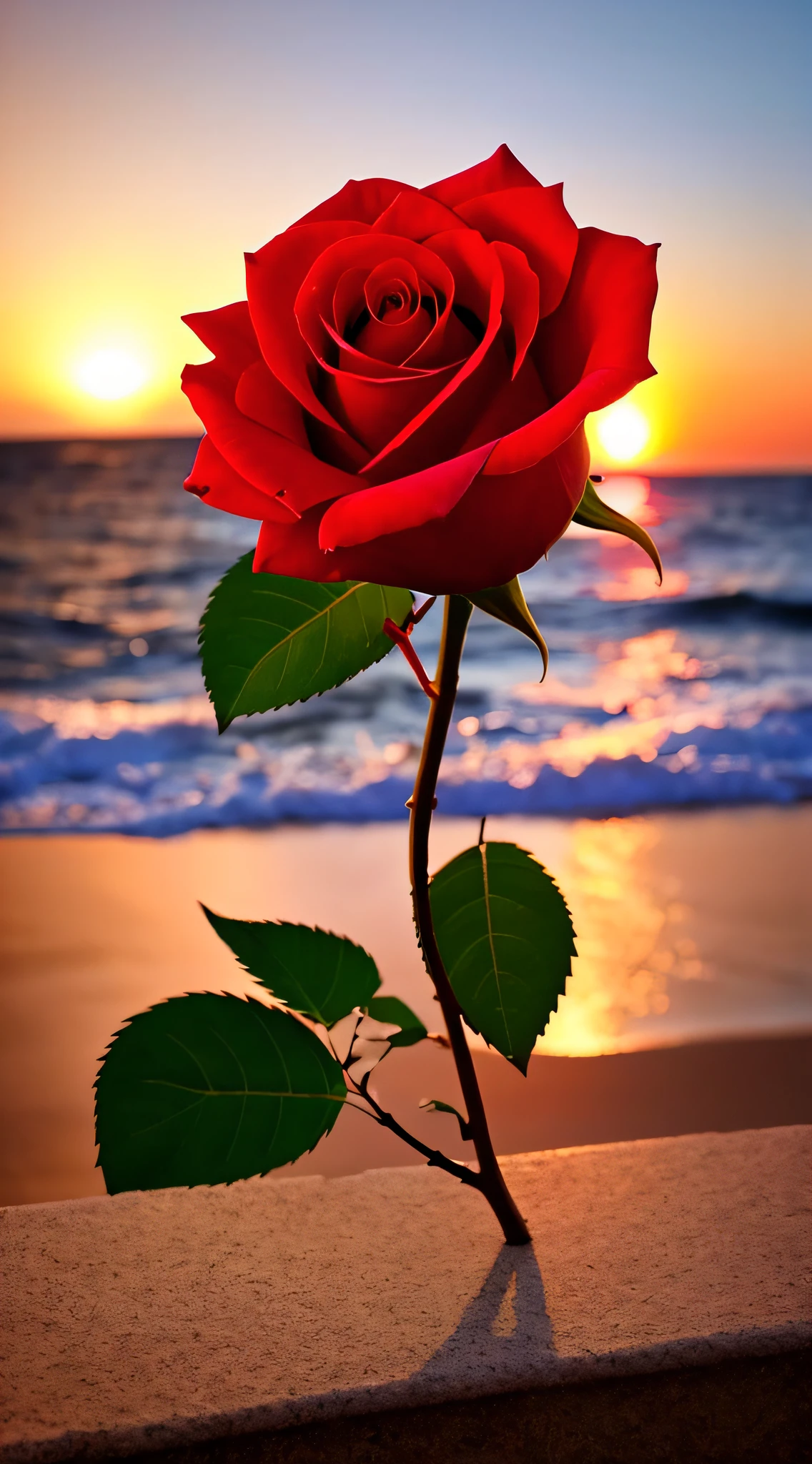 Close-up shot, a rose flower, the background is the gorgeous sunset by the sea, real texture, warm