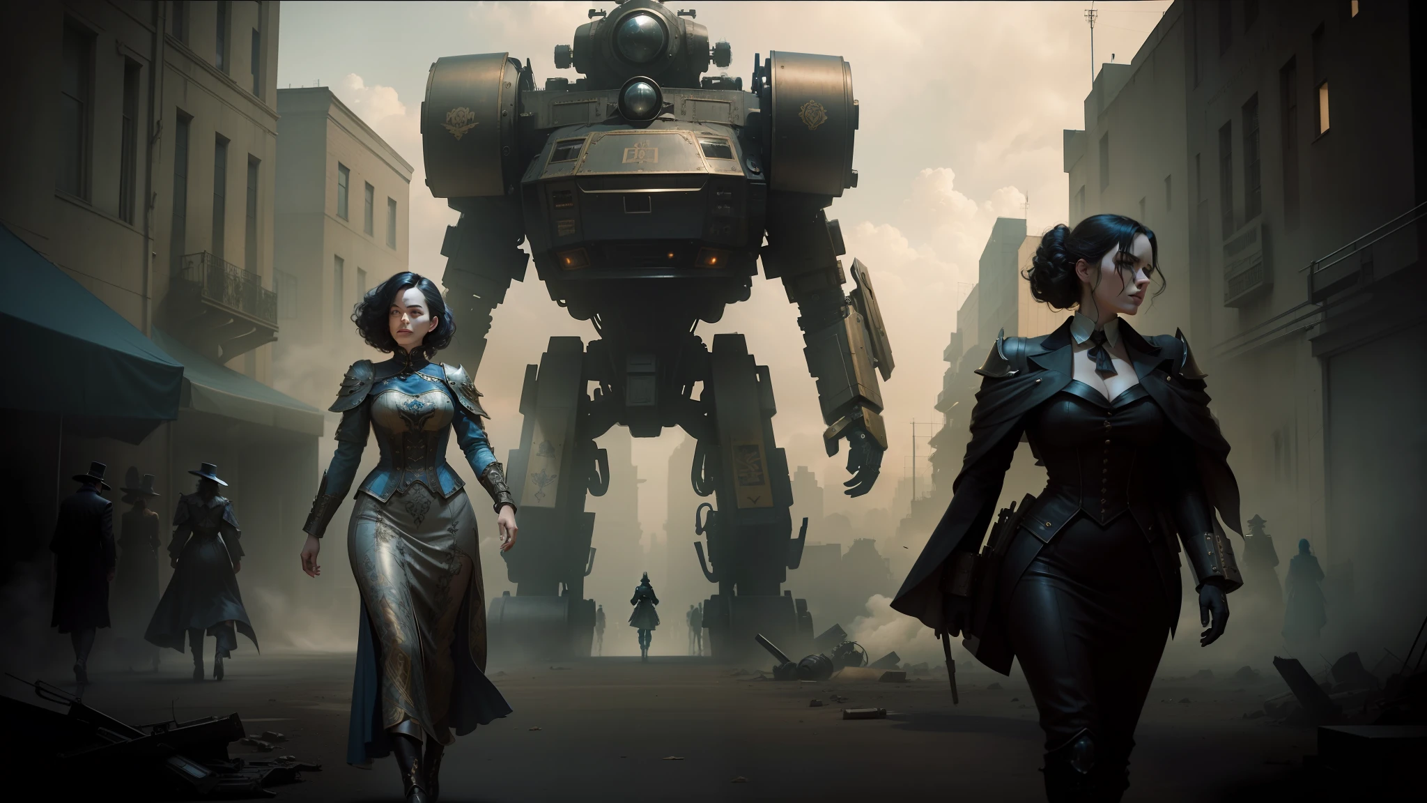 there are two women walking in front of a giant robot, movie promotional image, jack white, portrait of lady mechanika, inspired by Ernő Grünbaum, three women, computer cgi, dugeondraft, still image from the movie, the grand steampunk piano, christina hendricks, characters --auto --s2