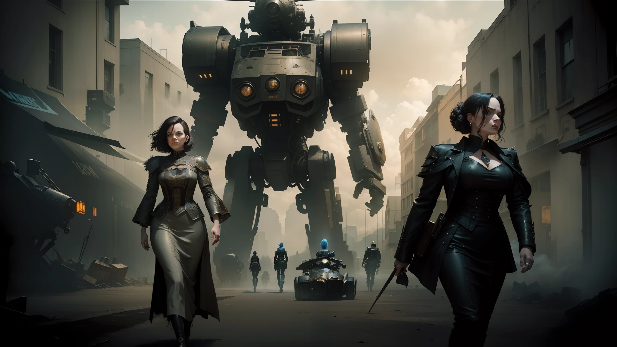 there are two women walking in front of a giant robot, movie promotional image, jack white, portrait of lady mechanika, inspired by Ernő Grünbaum, three women, computer cgi, dugeondraft, still image from the movie, the grand steampunk piano, christina hendricks, characters --auto --s2