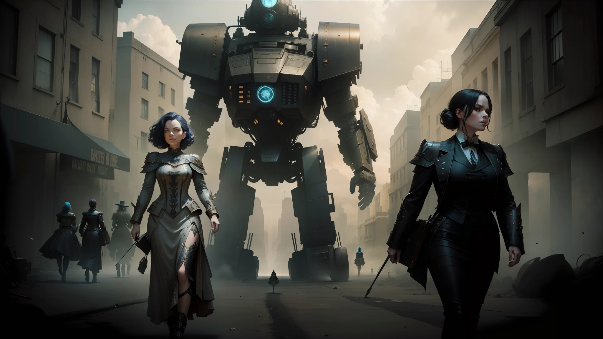 there are two women walking in front of a giant robot, movie promotional image, jack white, portrait of lady mechanika, inspired by Ernő Grünbaum, three women, computer cgi, dugeondraft, still image from the movie, the grand steampunk piano, christina hendricks, characters --auto --s2