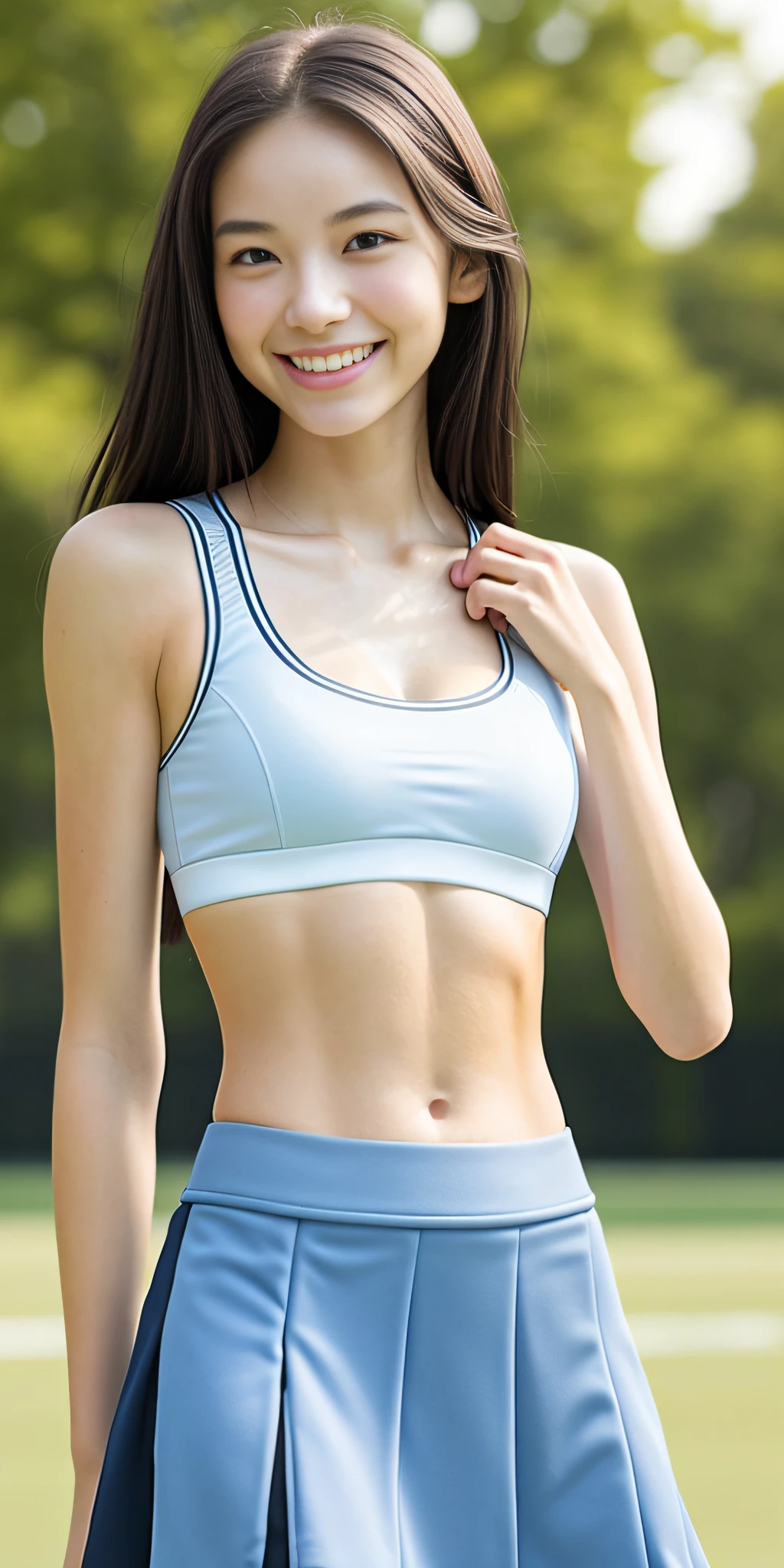 Neat college girl, petite person, (skirt, sports bra), outside the athletic field, (slim), photorealistic, detail, skin texture, ultra detail, delicate sexy collarbone, smile, super detailed face, detailed lips, detailed eyes, small breasts, small, small breasts, small, flat breasts, flat