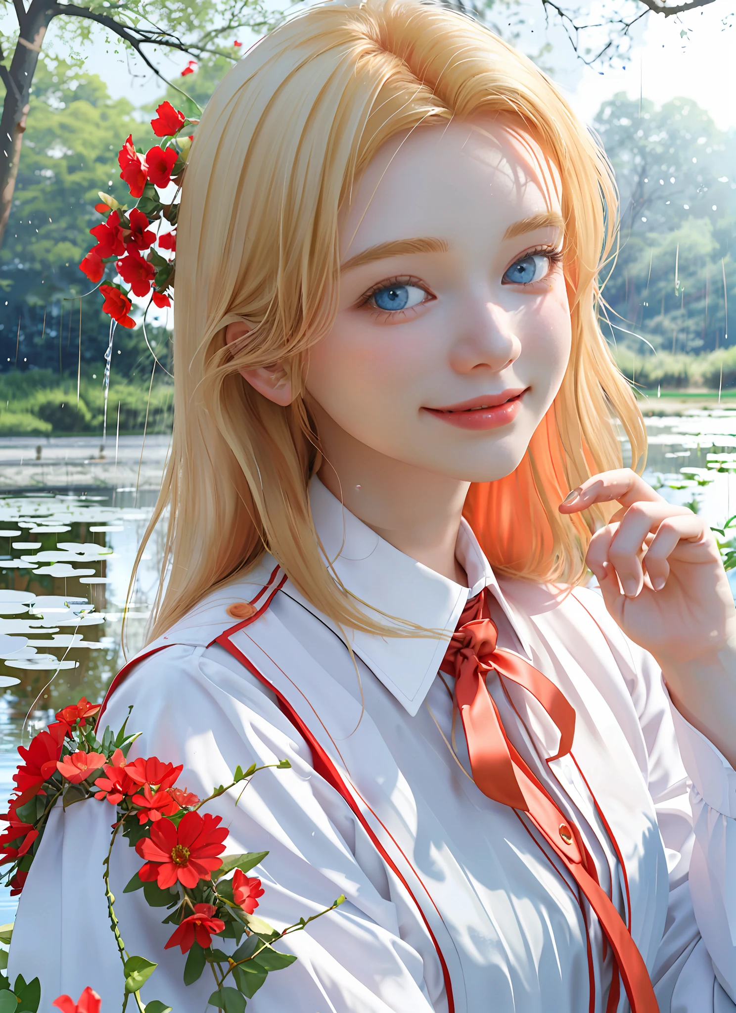 Red flowers, blonde hair, white cloth, rainy sky, blue eyes, sunlight, trees, ponds, smiles