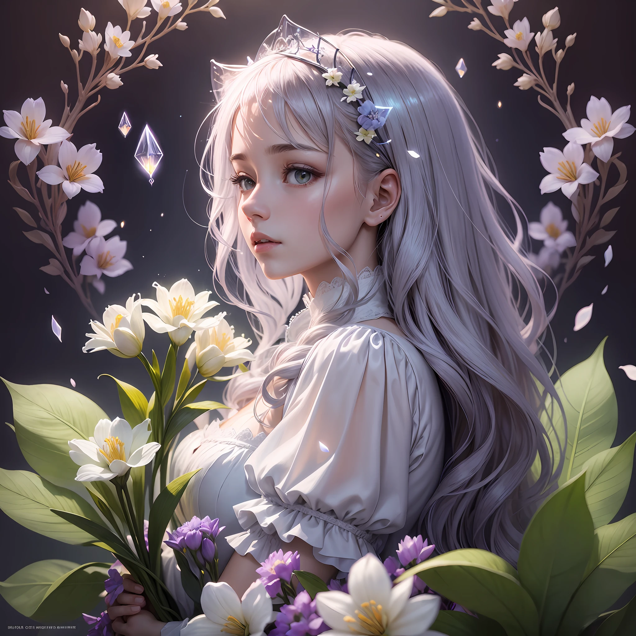 bouquet of delicate flowers Hyacinth, super transparent, holy light, beautiful spectral light, petals glow, flashing, dark background, transparent light drops, reflective light, bright, light flowing in, optics, portrait profile, sharp focus, magical, intricate, ultra realistic, fantasy, composition, light, trend in artstation, pearl, silver vapor patronus cloud, family of corrosive enveloping rays, 8k, ureal air 23v4 uplight --auto --s2