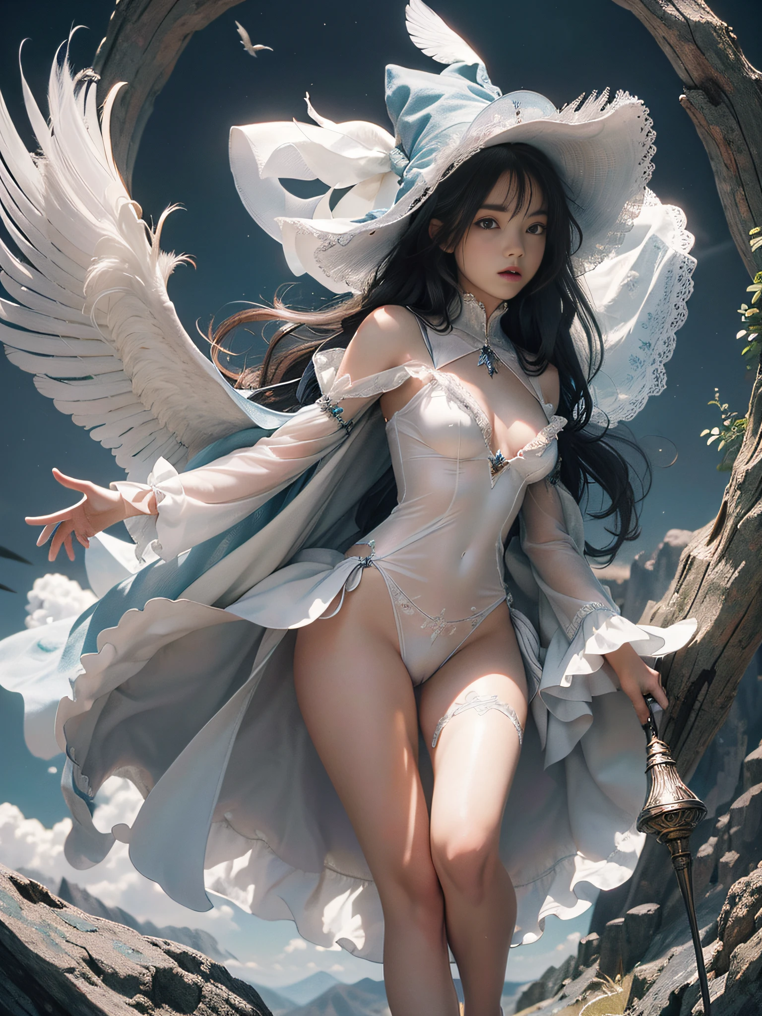 Highly detailed CG, (beautiful detail eyes, ultra high definition face, girl surrounded by witches, one girl, small breasts, bare feet, girl witch, white thin soft completely transparent cloth, full anatomy, no breastplate, no underwear, feathers are symmetrical, sky, mountain, clouds, ribbon, small blue hat, dynamic angle, flowing, 8k wallpaper, masterpiece, top quality, super detail, best lighting, best shadow,