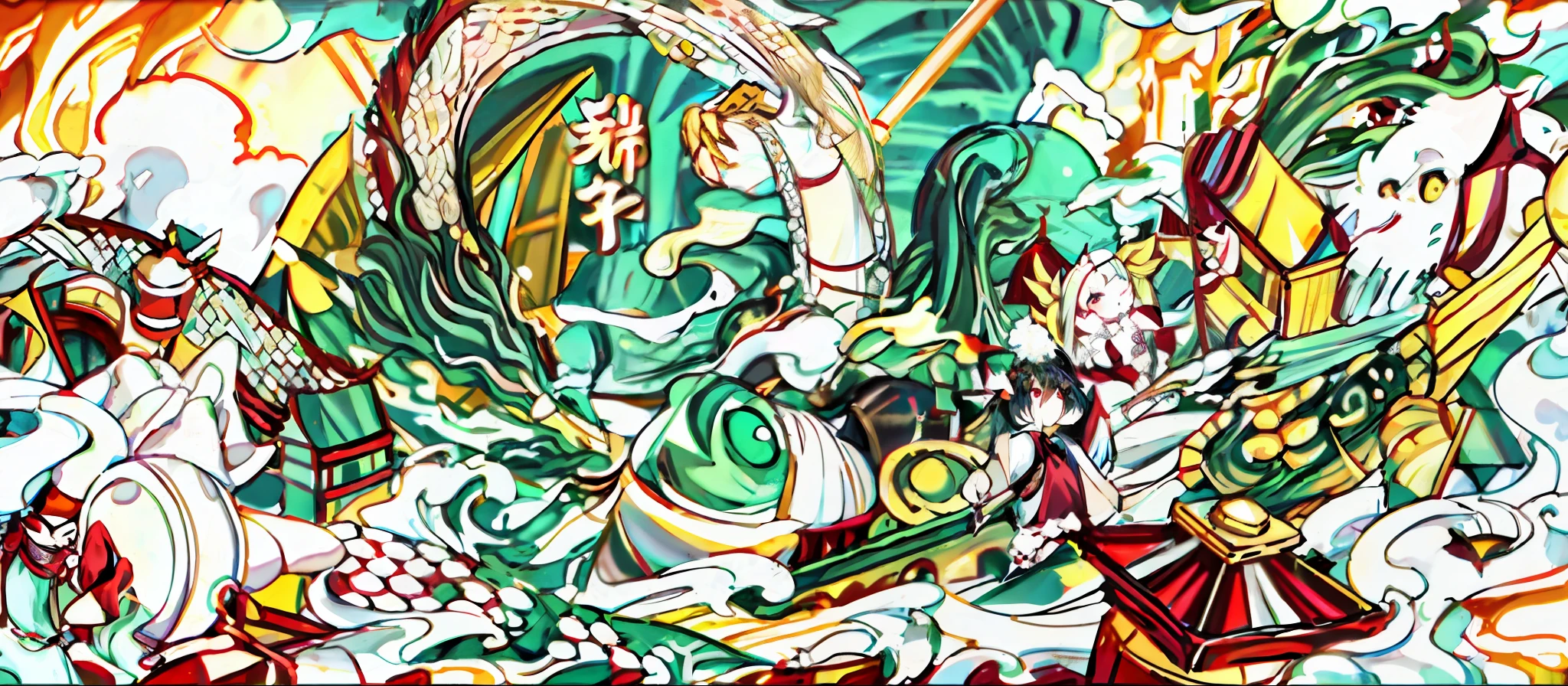 Zongzi, drumming, dragon boat, dragon, dragon boat festival, lively, glutinous rice, green, golden light, illustration, anime,