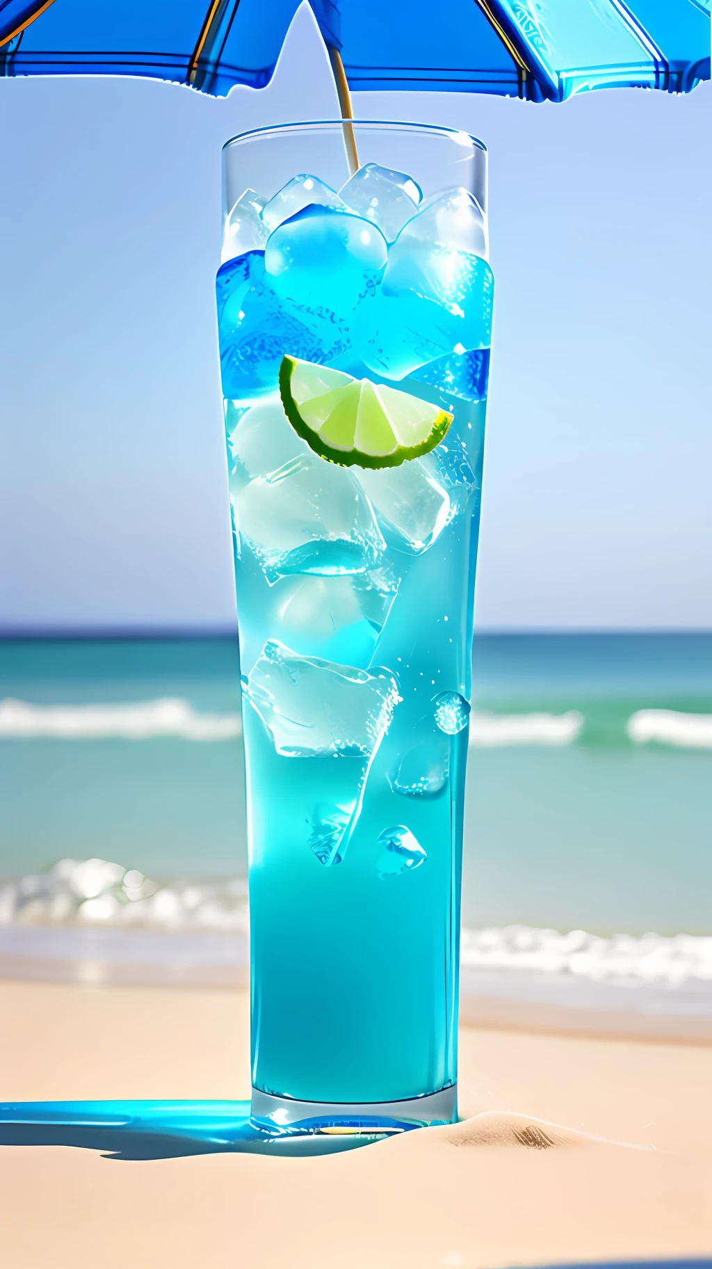 Close-up, high detail, a glass filled with blue drinks, ice cubes, bubbles, sea beach, umbrella, contour lights