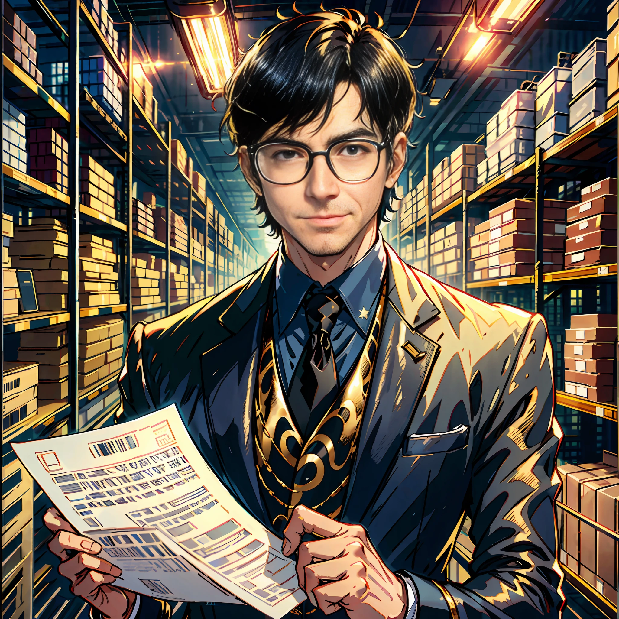 A man, with oily hair, gold-wire glasses, and a black suit, walked over with a smile, holding a contract in his hand, short black hair, in a huge warehouse, piled with meat, highly real, UHD, chiaroscuro, super detailed