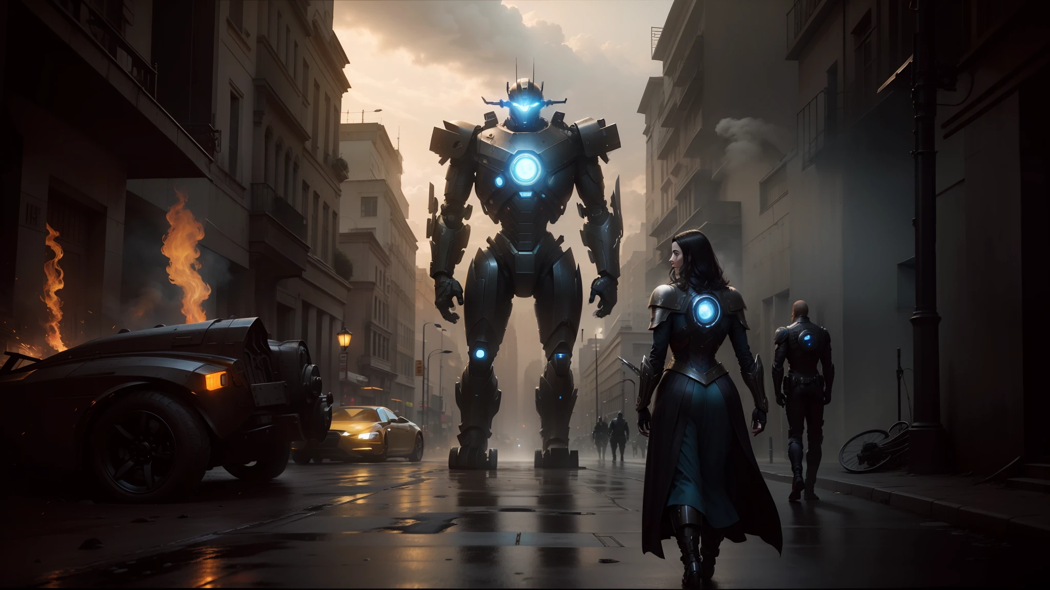 arafed robot standing in a city street with a woman walking by, by Guillermo del Toro, film still of gal gadot, symmetrical dieselpunk warrior, big titan creature in the center, by Slobodan Pejić, filmstill, victorian setting, by Agustín Fernández, rorschach, from the avengers (2012) --auto --s2