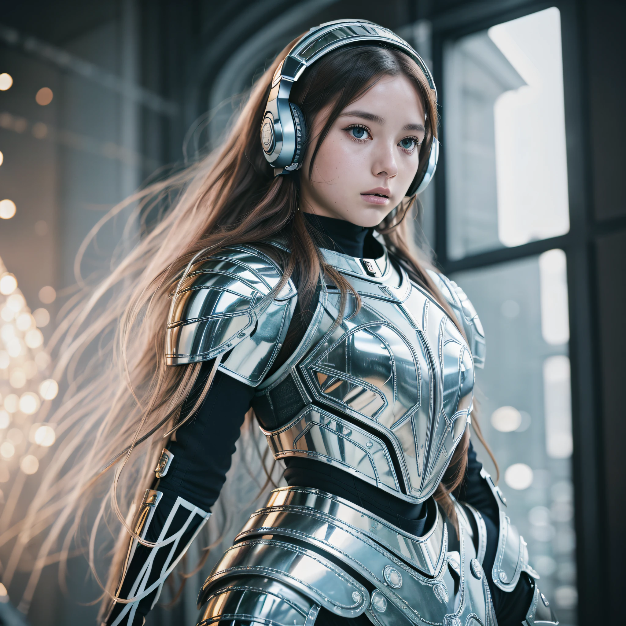 (8k, RAW photo, best quality, masterpiece: 1.4), (real picture, intricate detail), ultra detail, super high, depth field, floating, 1 girl, expressionless, long hair, high neck, close-up photo, women in armor, light blue hair, helmet, leg armor, shoulder armor, long hair, yellow armor, reflection on armor, headphones, yellow headband, spark armor, white skin firm transparent vinyl, at night, when viewed from below, Aquarius armor, upright, moonlight reflection, sacred, landscape, bright ( Facial freckles: 0.1), in 8 contrast styles, in a dark studio, (riml lighting, (1.4) two-tone light, octane, unreal, dim light, (low-key: 1.3), --auto --s2