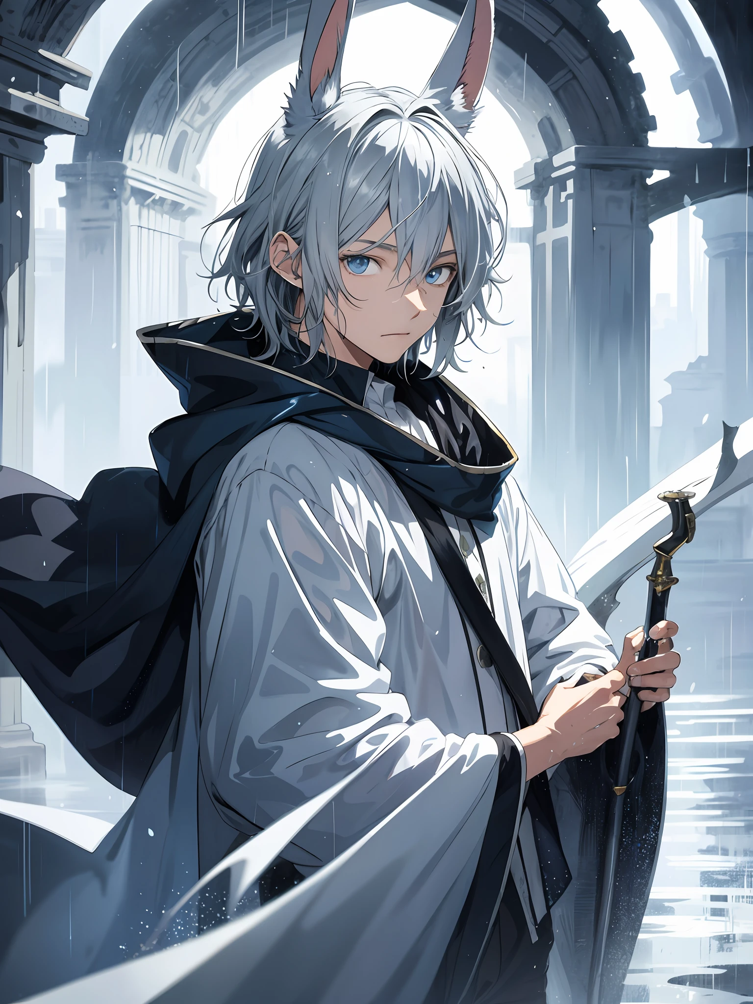 illustration style, cute boy, solo, fantasy, cloak, silver-haired blue-eyed rabbit ears, soaked in heavy rain, wet hair, wet clothes,