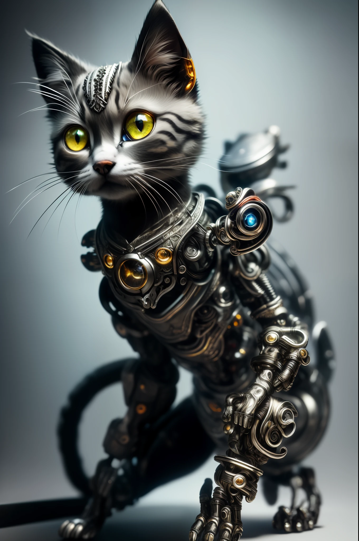 to8contrast style, a cute smoky kitten made out of metal, (cyborg:1.2), ([tail | detailed wire]:1.3), (intricate details), hdr, (intricate details, hyperdetailed:1.2), cinematic shot, vignette, centered, by Stray game, (the most beautiful portrait in the world:1.5)