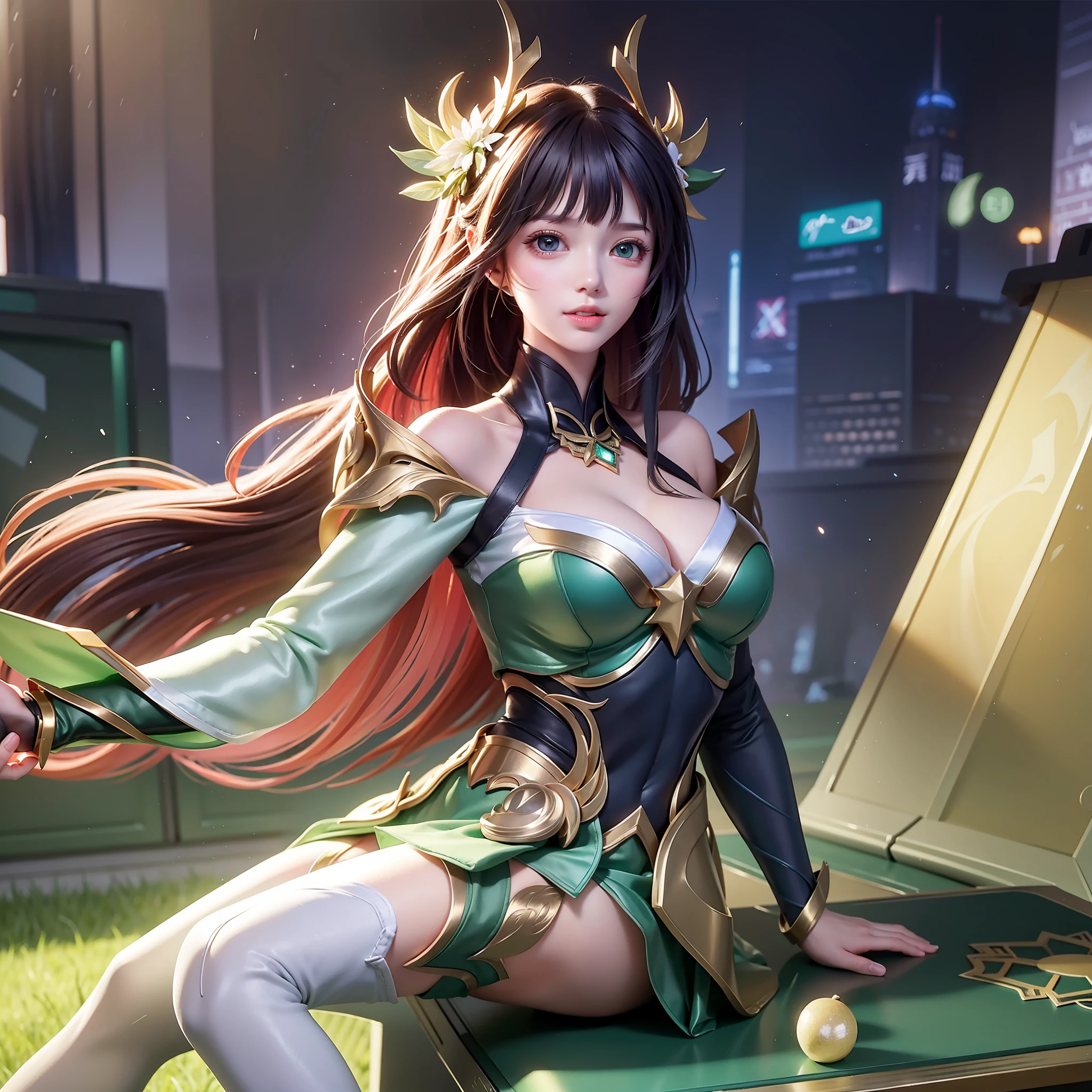 Highest image quality, outstanding details, ultra-high resolution, (realism: 1.4), the best illustration, favor details, highly condensed 1girl, with a delicate and beautiful face, dressed in a black and green mecha, wearing a mecha helmet, holding a directional controller, riding on a motorcycle, the background is a high-tech lighting scene of the future city.