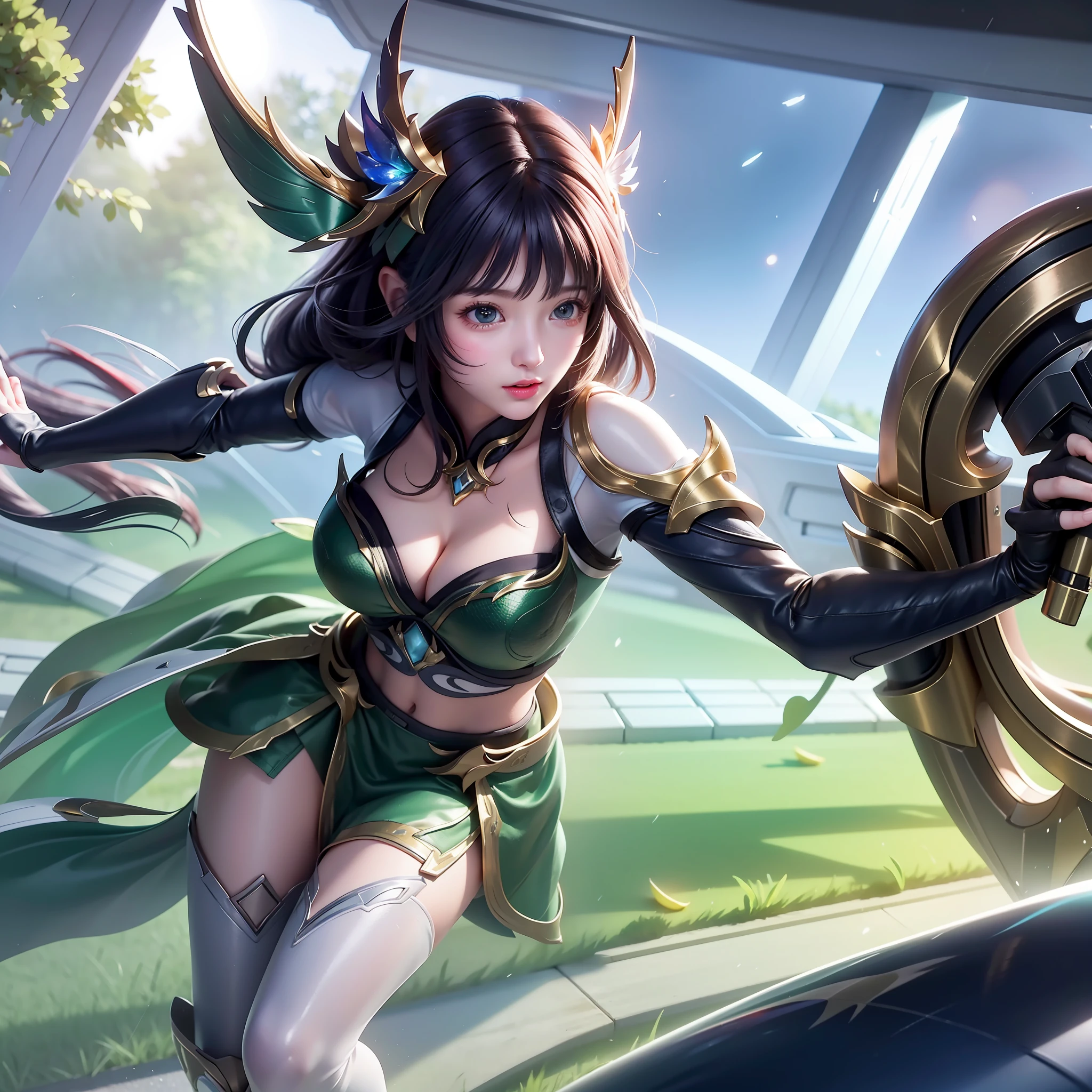 Highest image quality, outstanding details, ultra-high resolution, (realism: 1.4), the best illustration, favor details, highly condensed 1girl, with a delicate and beautiful face, dressed in a black and green mecha, wearing a mecha helmet, holding a directional controller, riding on a motorcycle, the background is a high-tech lighting scene of the future city.