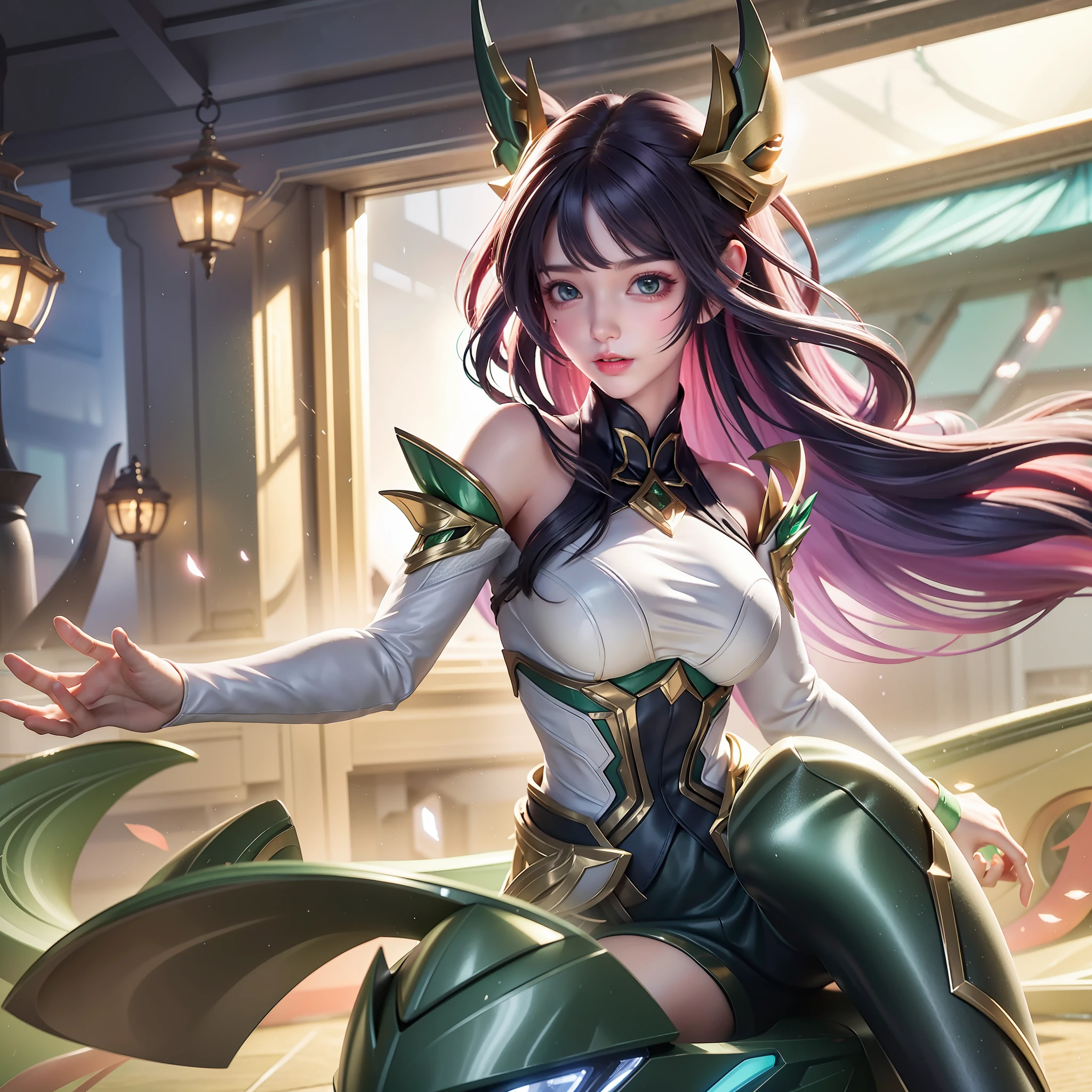 Highest image quality, outstanding details, ultra-high resolution, (realism: 1.4), the best illustration, favor details, highly condensed 1girl, with a delicate and beautiful face, dressed in a black and green mecha, wearing a mecha helmet, holding a directional controller, riding on a motorcycle, the background is a high-tech lighting scene of the future city.