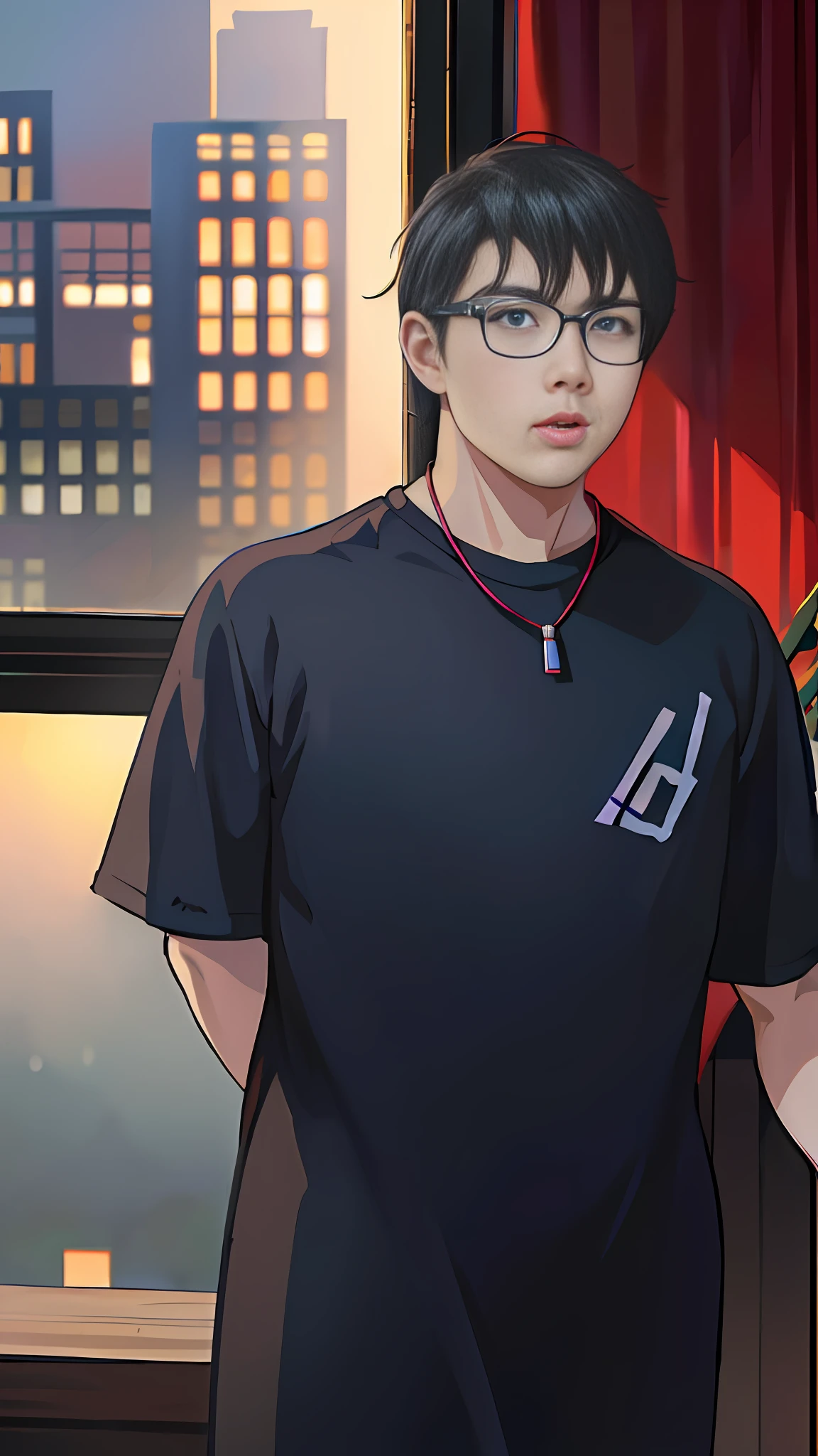 anime boy in black shirt standing in front of window with city view, heise jinyao, g liulian art style, artwork in the style of guweiz, range murata and artgerm, inspired by Jang Seung-eop, official fanart, lofi portrait, high quality portrait, inspired by Bian Shoumin, smooth anime cg art