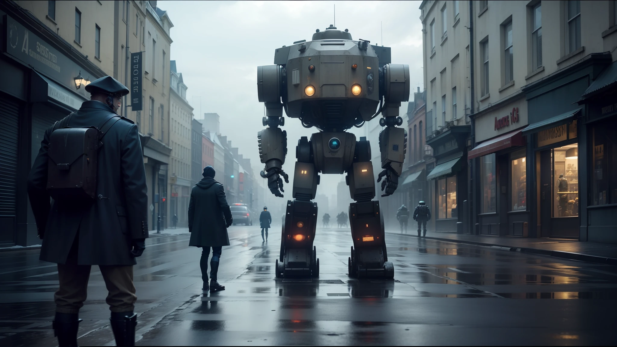 there is a robot that is standing in the middle of a street, film still promotional image, a character based on a haggis, inspired by Jakub Rozalski, tank with legs, digital advertisements, colorgrading, inspired by Samuel F. B. Morse, longcoat, shoulders can be seen --auto --s2
