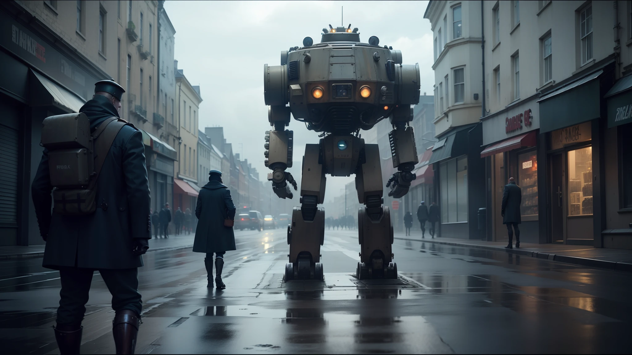 there is a robot that is standing in the middle of a street, film still promotional image, a character based on a haggis, inspired by Jakub Rozalski, tank with legs, digital advertisements, colorgrading, inspired by Samuel F. B. Morse, longcoat, shoulders can be seen --auto --s2