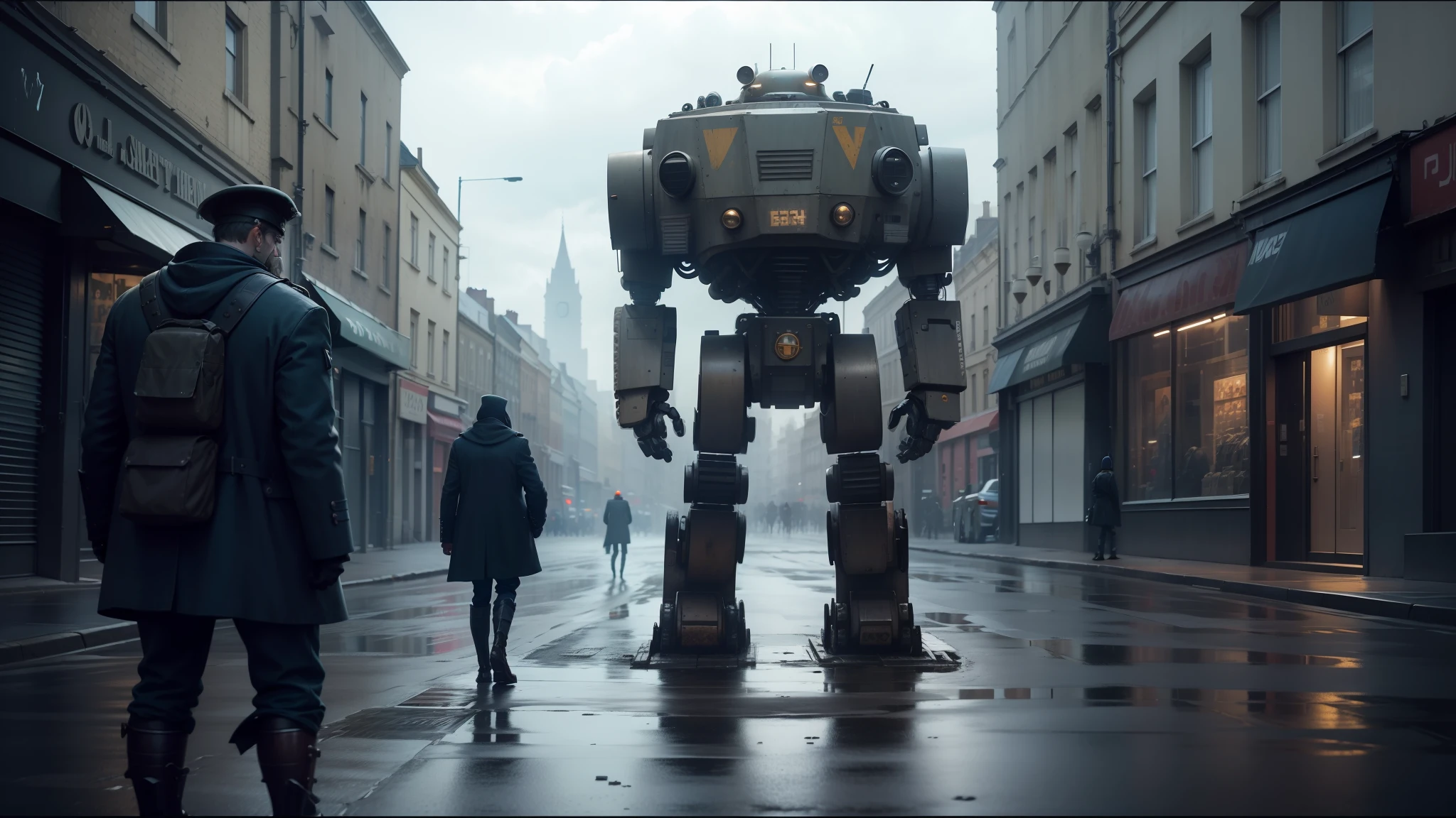 there is a robot that is standing in the middle of a street, film still promotional image, a character based on a haggis, inspired by Jakub Rozalski, tank with legs, digital advertisements, colorgrading, inspired by Samuel F. B. Morse, longcoat, shoulders can be seen --auto --s2