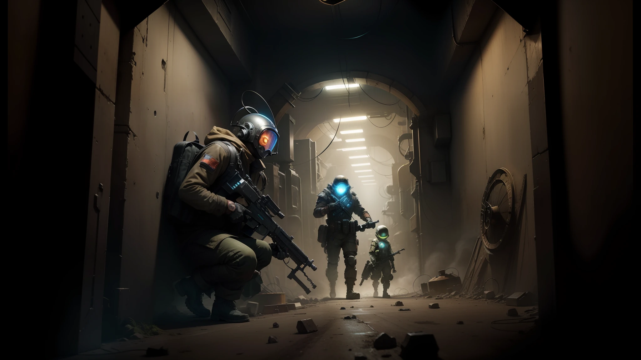 gearson and a man in a dark tunnel with a gun, characters from machinarium, 2 0 2 0 s promotional art, images on the sales website, gakkin and ernst haeckel, post - cyberpunk, electrical plant location, scene from a rave, glow around helmet, john park and greg rutkowski, by Adam Marczyński, ornate cosplay --auto --s2