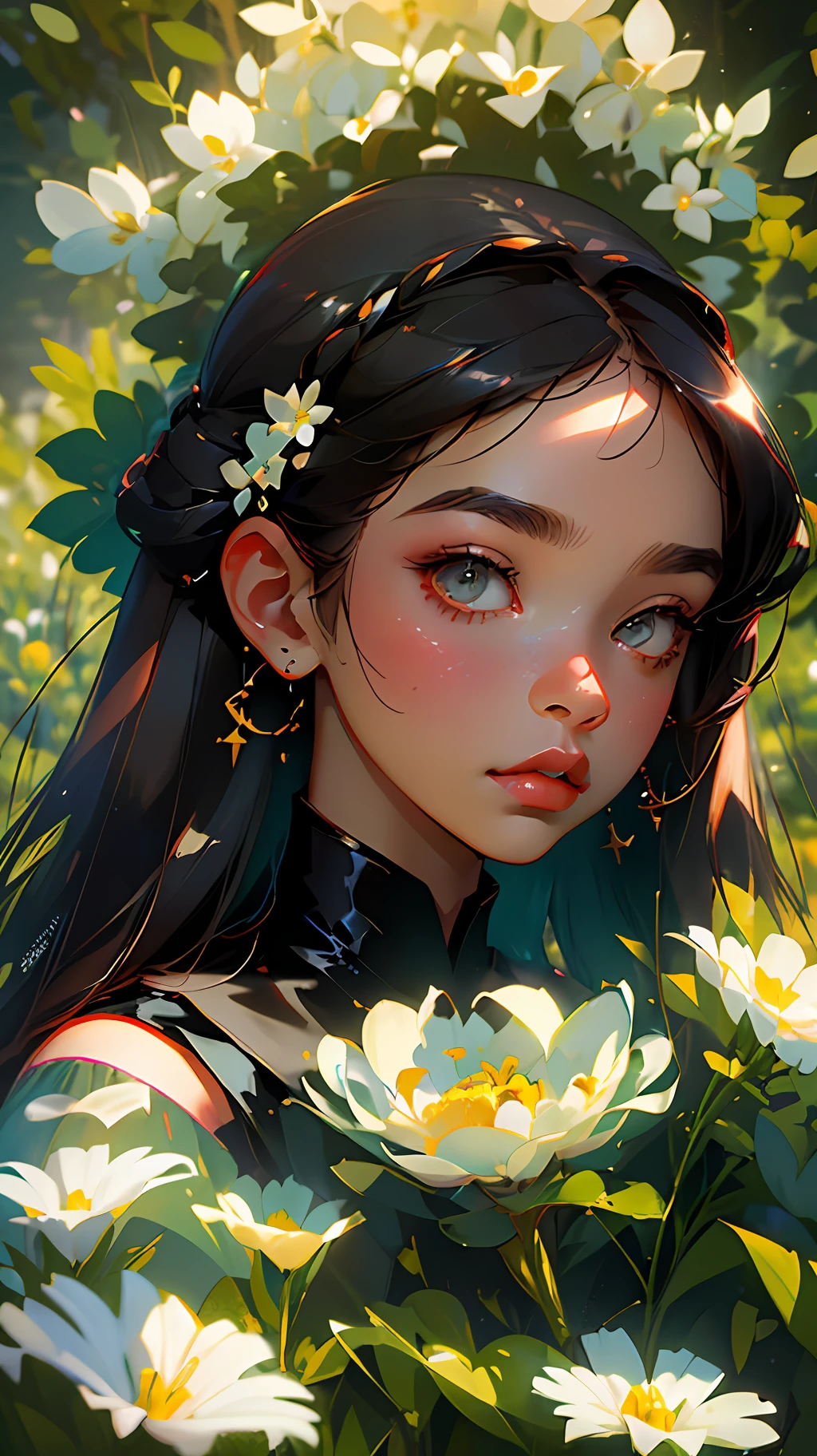 A beautiful woman with black skin (chubby, cuvilinea) black hair dressed in ruffles and bows in a garden of varied flowers and a splendid lighting (detailed and award-winning masterpiece)