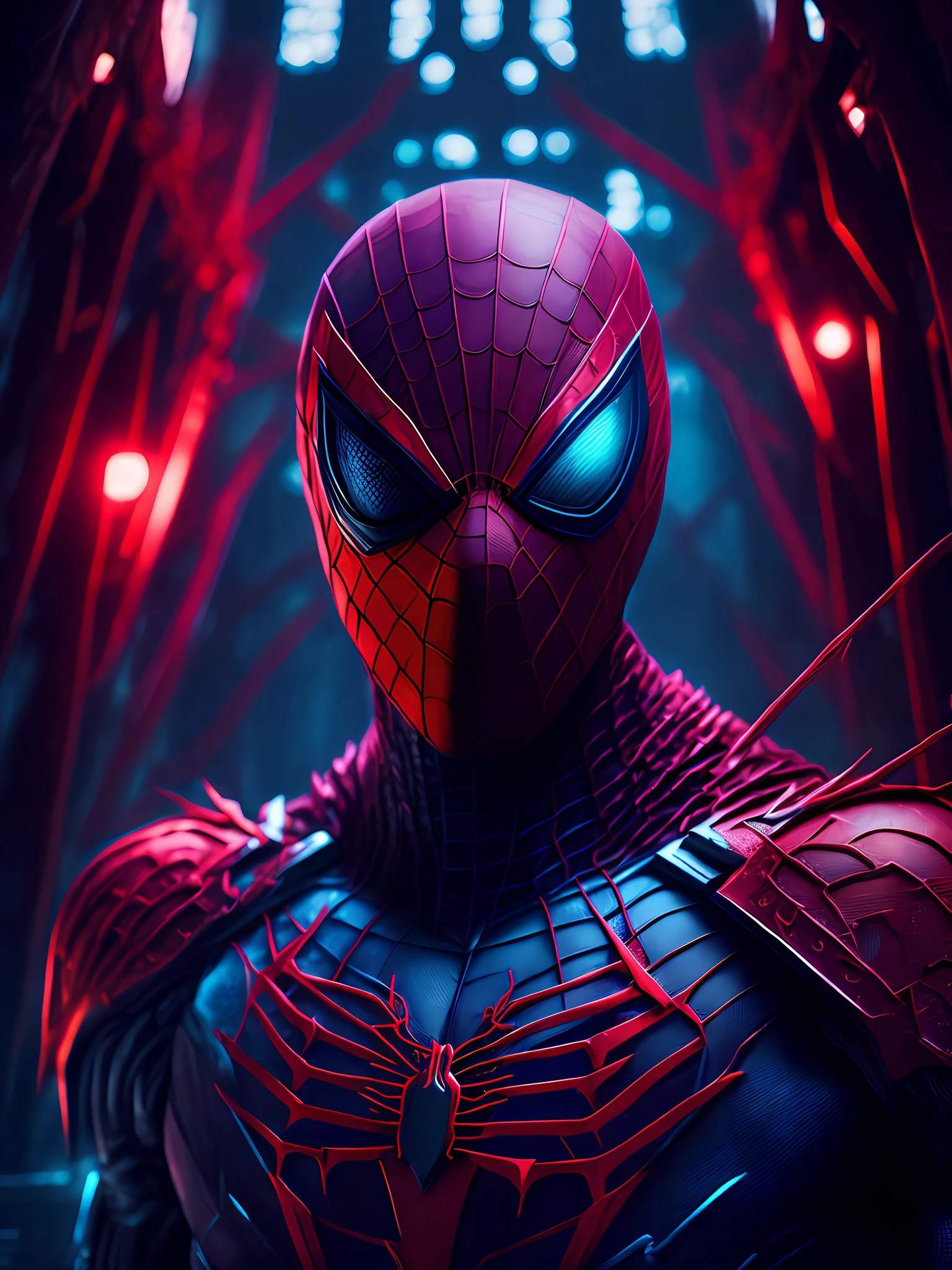 a somber portrait of Carnage + Spider-Man from Marvel, with intricate angular cybernetic implants inside a brutalist building, a gothic brutalist cathedral, cyberpunk, award-winning photos, bokeh, neon lights, cybernetic limb