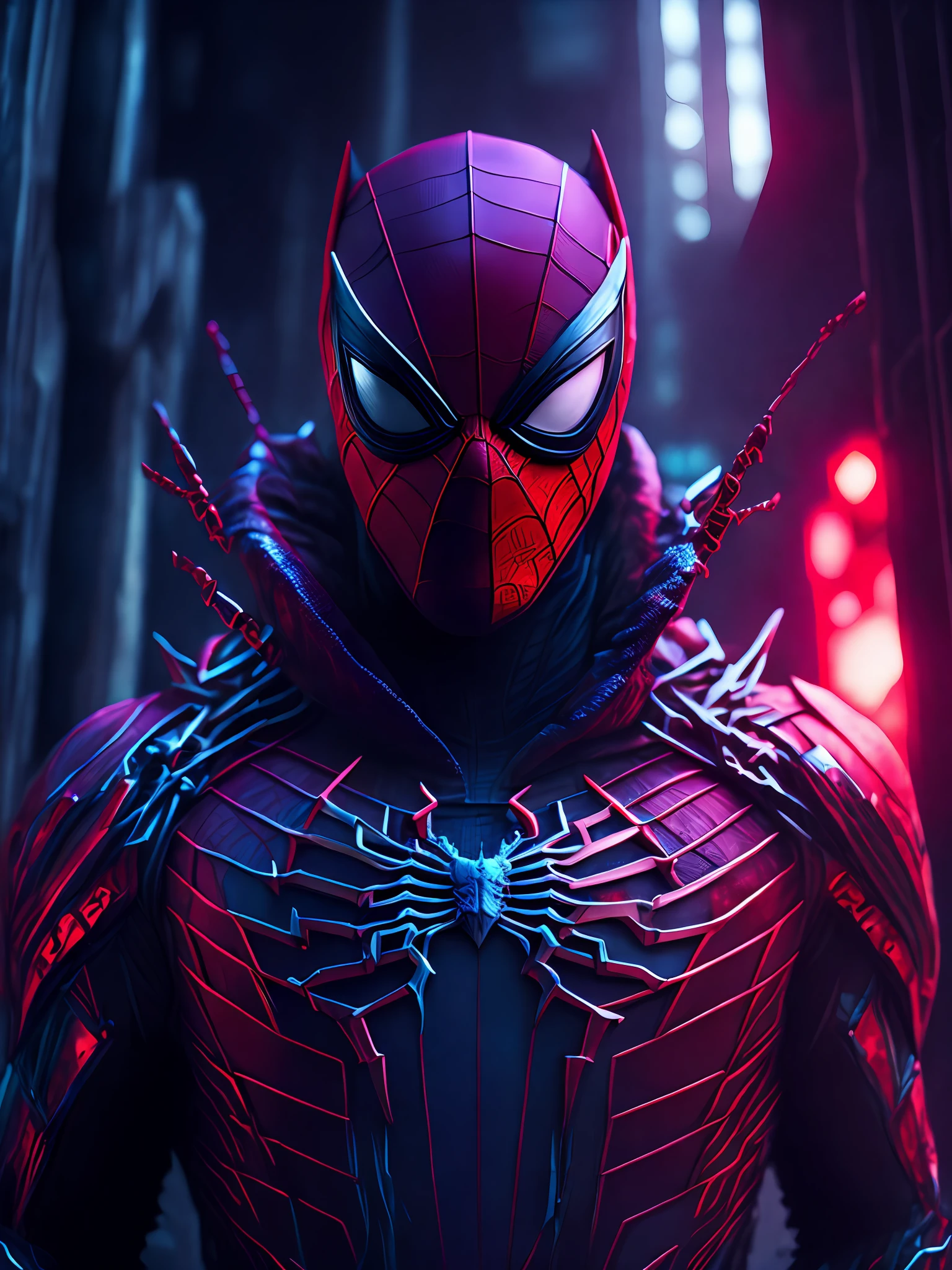 a somber portrait of Carnage + Spider-Man from Marvel, with intricate angular cybernetic implants inside a brutalist building, a gothic brutalist cathedral, cyberpunk, award-winning photos, bokeh, neon lights, cybernetic limb