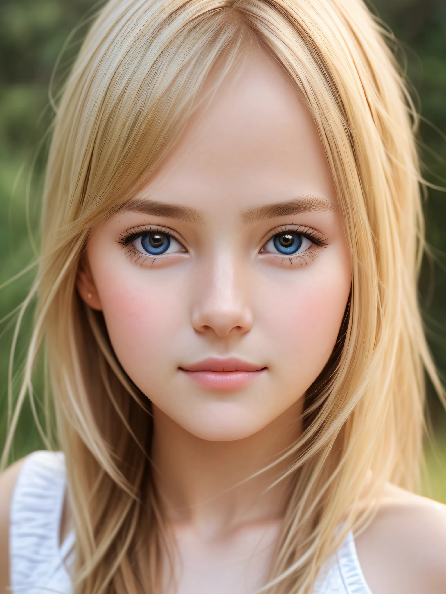 the portrait of a girl looking at the camera who has round face, Blonde girl, seductive looks, realistic, high details,8k, intricate details