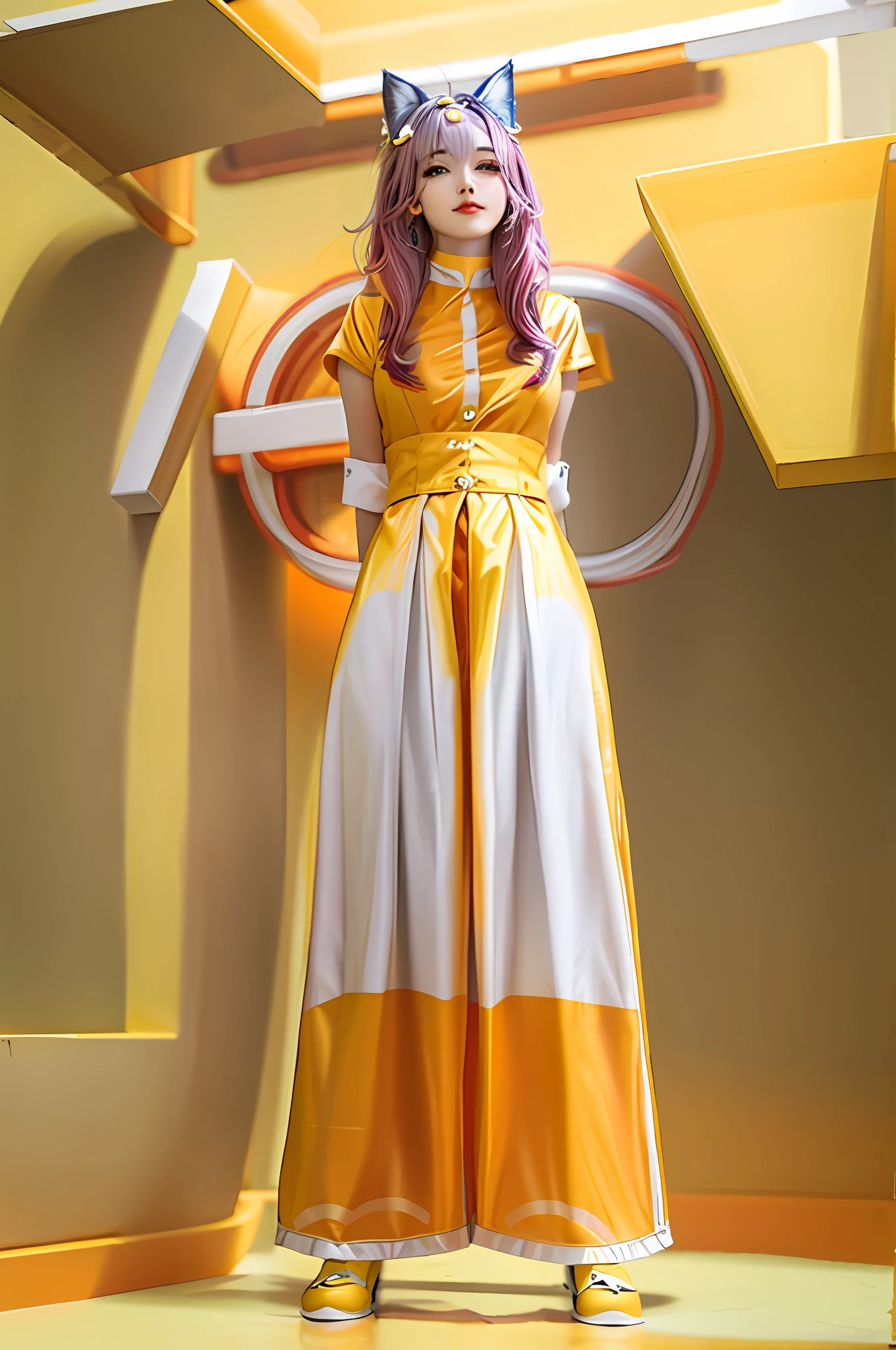Mechanical cat lady pet logo, c_jie, pet blogger industry disassembly, display pet products, make yellow orange as the main color, parts evenly laid flat, front view