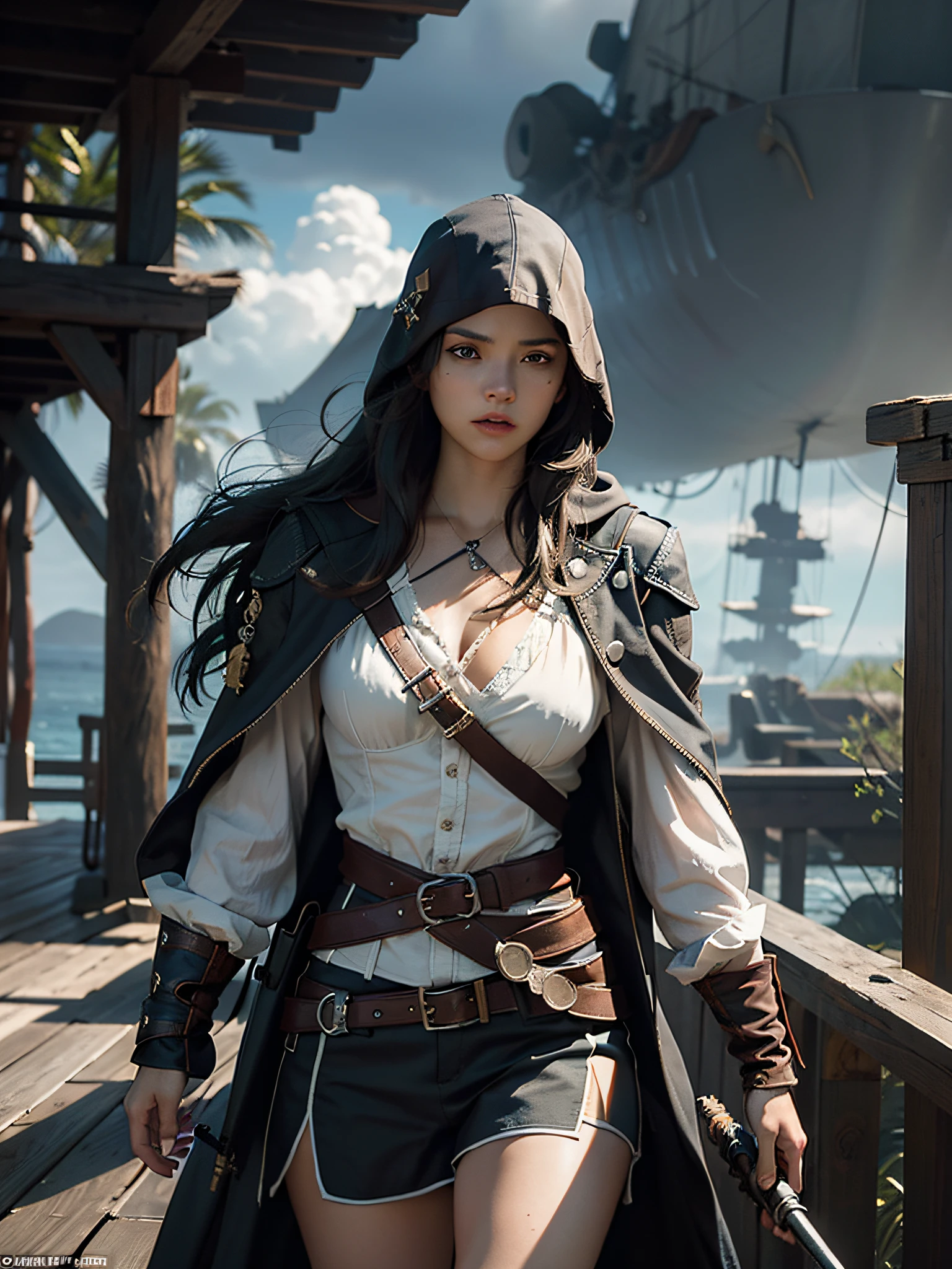 (male:1.2) (bodybuilder:0.8), masterpiece, photorealistic. Create a striking and immersive concept art piece inspired by Assassin’s Creed IV: Black Flag. Visualize a breathtaking scene featuring a young pirate turned assassin girl in the midst of a thrilling naval boarding combat. Emphasize the cinematic style and aim for ultra-realistic detail. Capture the intensity of the moment with cannonballs flying through the air, a storm brewing on the horizon, and heavy rainfall adding to the drama. The central focus should be the pirate girl wearing a long coat with a hood, proudly displaying a hidden blade from her left hand while gripping a cutlass in her right. Include a matchlock pistol attached to her belt to further enhance her fierce and formidable presence. Let your artistic talent shine as you bring this captivating scene to life, creating a visually stunning piece that embodies the spirit of adventure and danger.