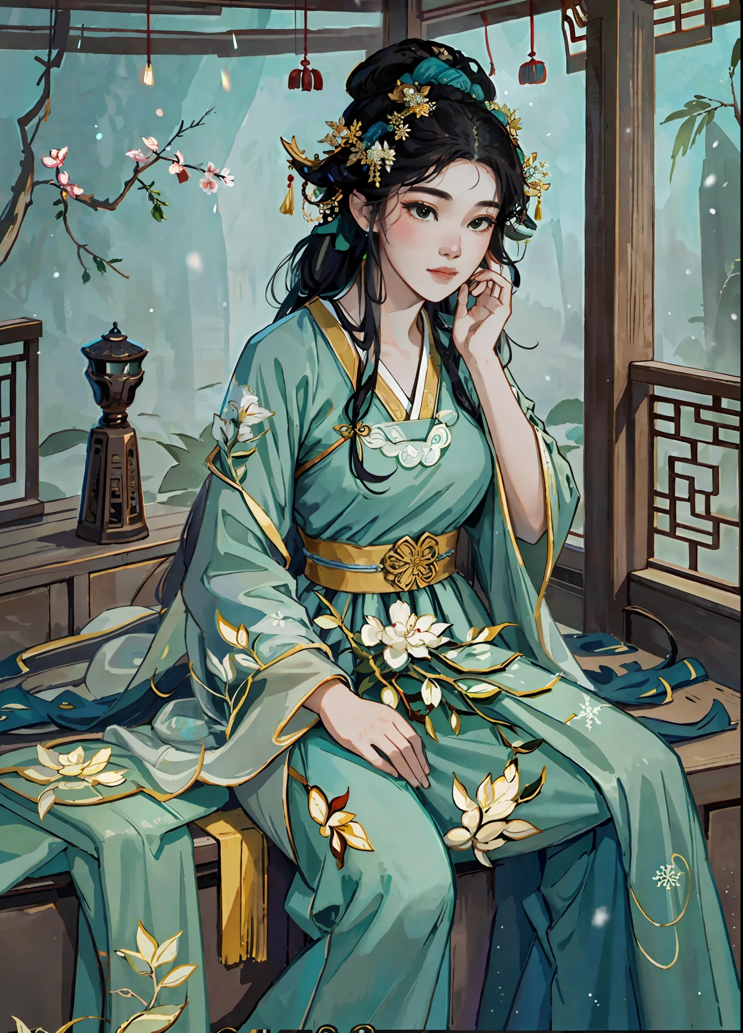 A beautiful girl in ancient China, dark green long dress, sitting in a pavilion, snowflakes falling, sunlight, clear face, masterpiece, super detailed, epic composition, high quality, highest quality, 4k --v 6