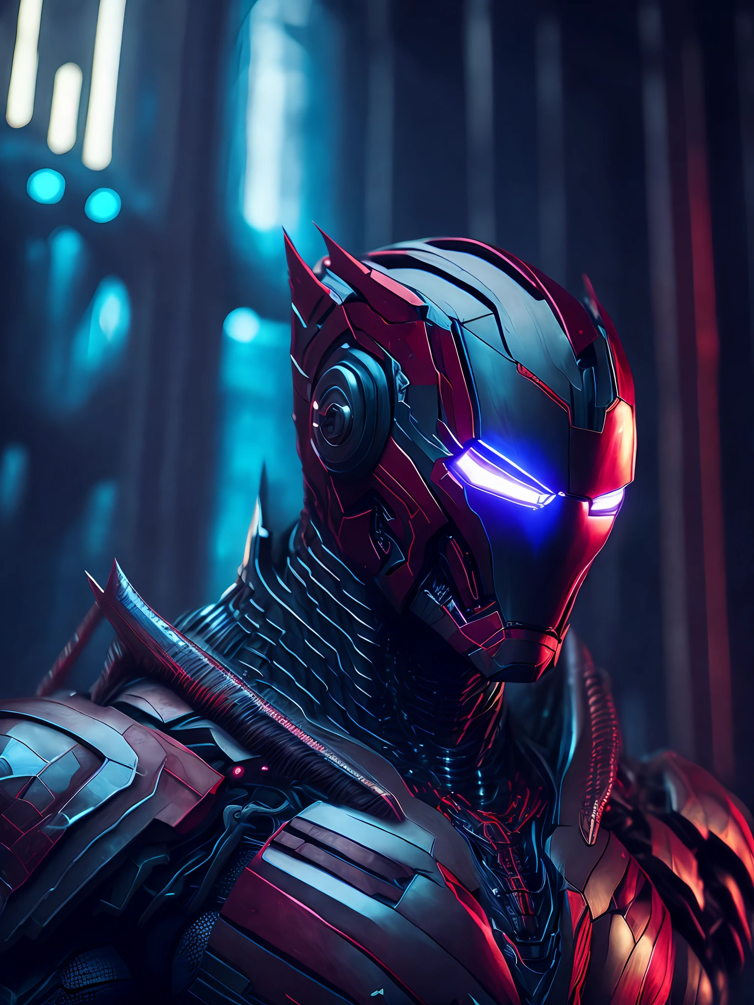 a somber portrait of Venom + Iron Man from Marvel, with intricate angular cybernetic implants inside a brutalist building, gothic brutalist cathedral, cyberpunk, award-winning photo, bokeh, neon lights, cybernetic limb