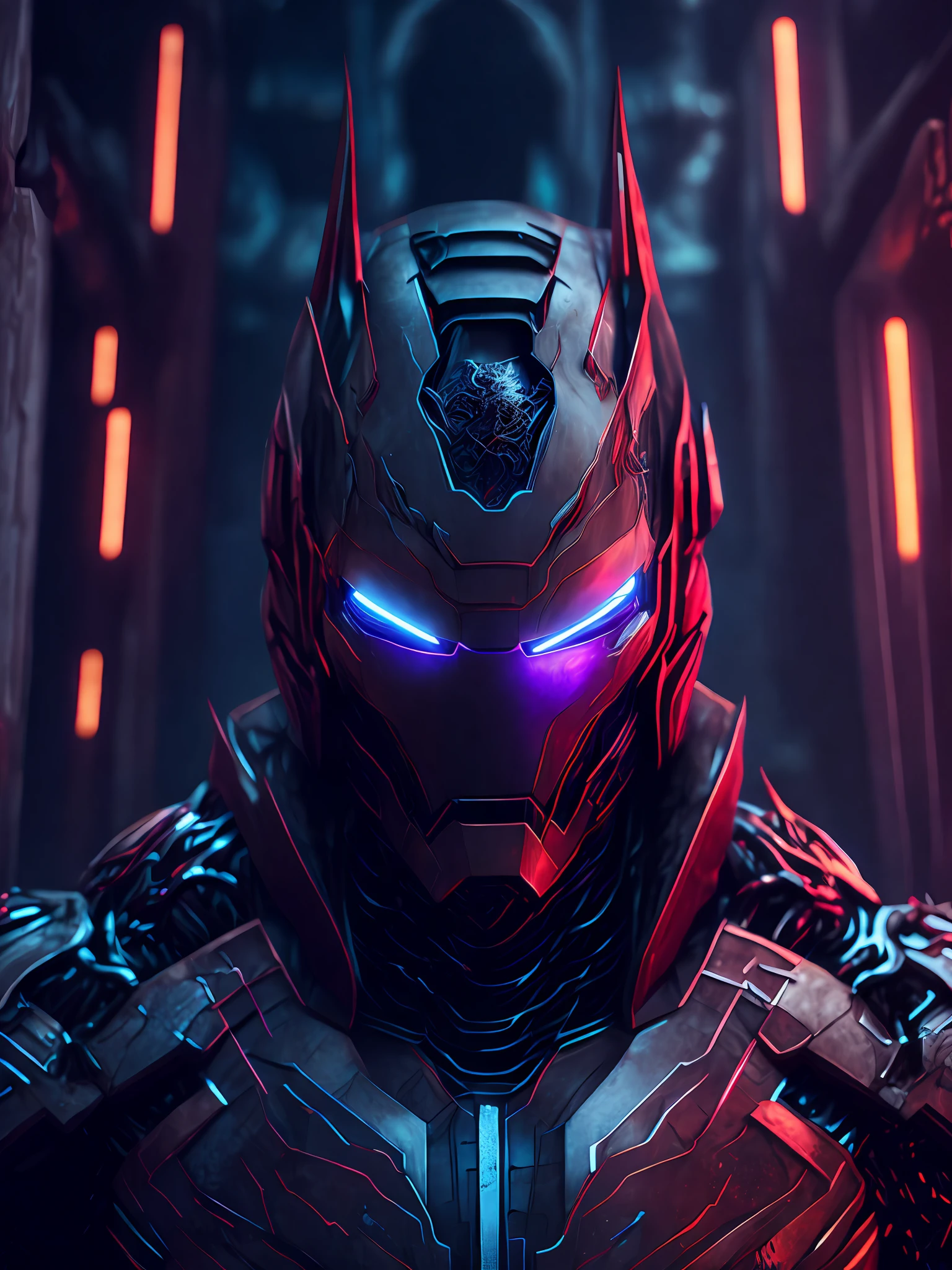 a somber portrait of Venom + Iron Man from Marvel, with intricate angular cybernetic implants inside a brutalist building, gothic brutalist cathedral, cyberpunk, award-winning photo, bokeh, neon lights, cybernetic limb