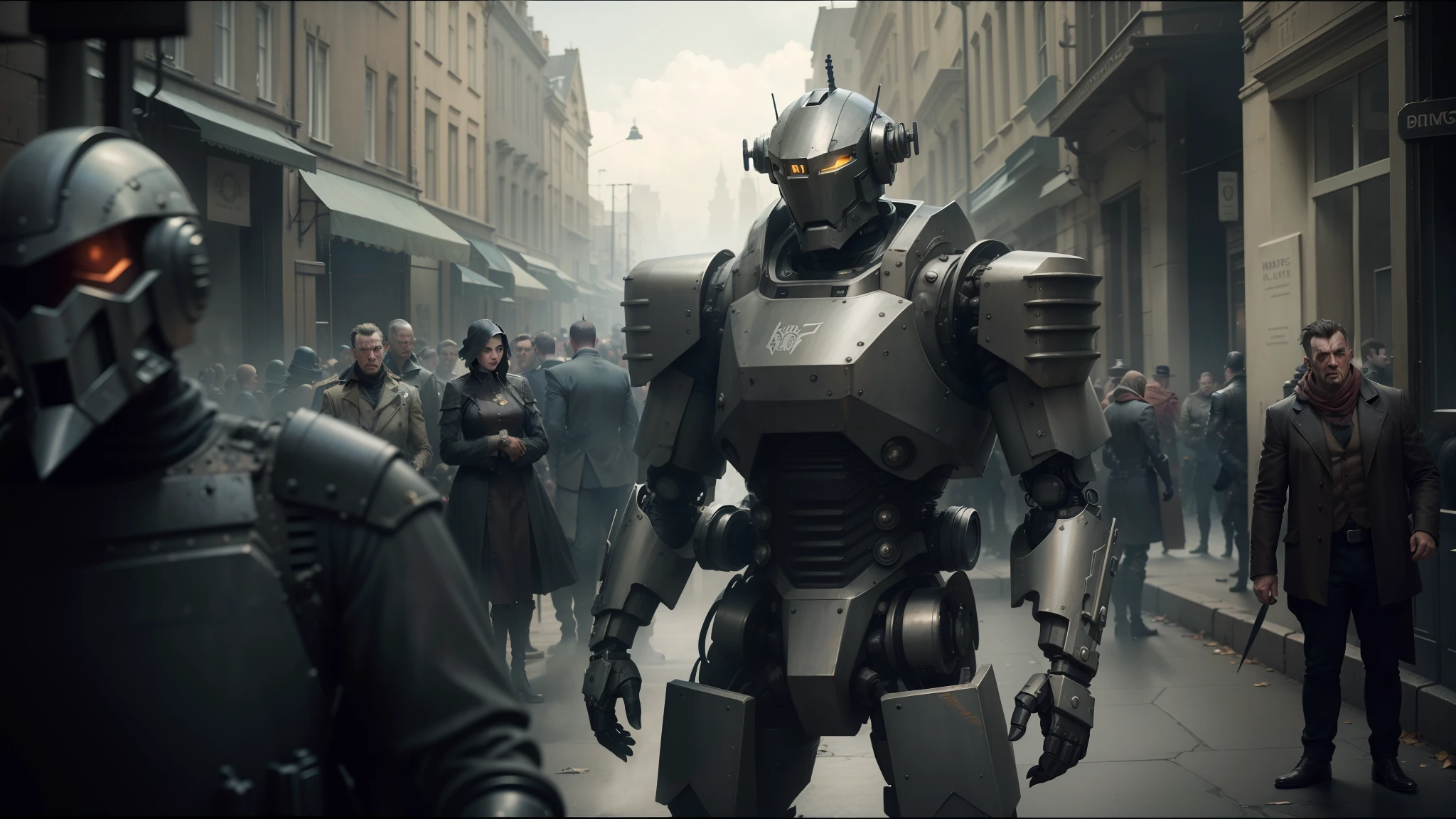 there is a robot that is standing in the middle of a crowd, armored dieselpunk wardrobe, british street background, movie still of a snarling, grey tarnished longcoat, autodesk, ironpunk, official screenshot, guards, shoulders can be seen, heavy filmgrain, argos --auto --s2