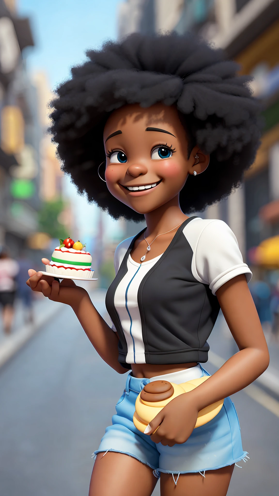 3D cartoon character (((funny))) holding a small cake on a city street, black girl, (((cute smile))), movie art, clean photo, ghailan!, like a pixar character, handsome young man, afro hair logos, grace and blessing, rendered in unreal, movie promo image, rendered image --auto --s2