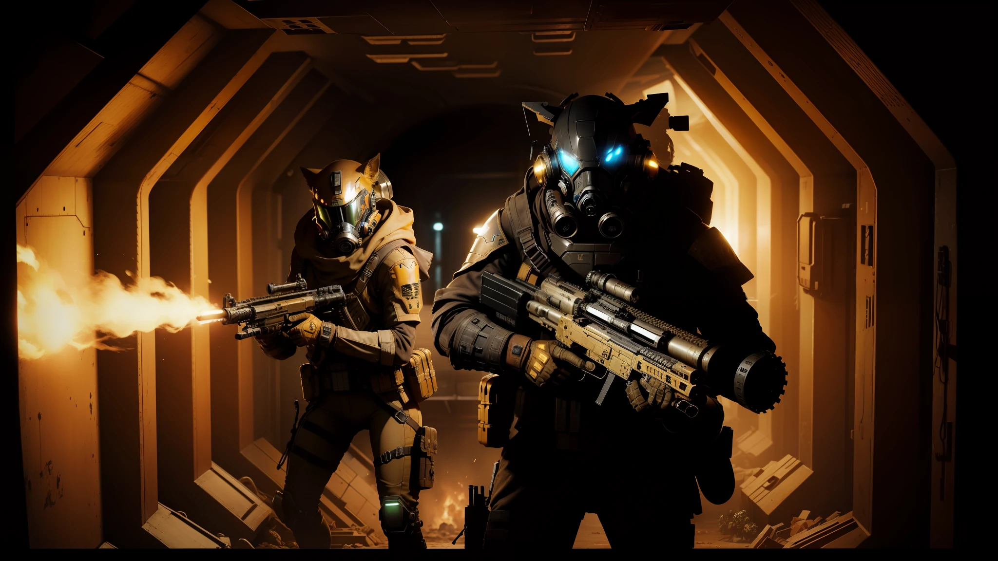 gearstorms in a tunnel with a gun and a gas mask, realistic digital art 4 k, fox people, skinwalker, black and gold armor, elites, arknights, sewer background, ( ( ( alien ) ) ), gas masks, bullpup, anamorphic flares, the expanse --auto --s2