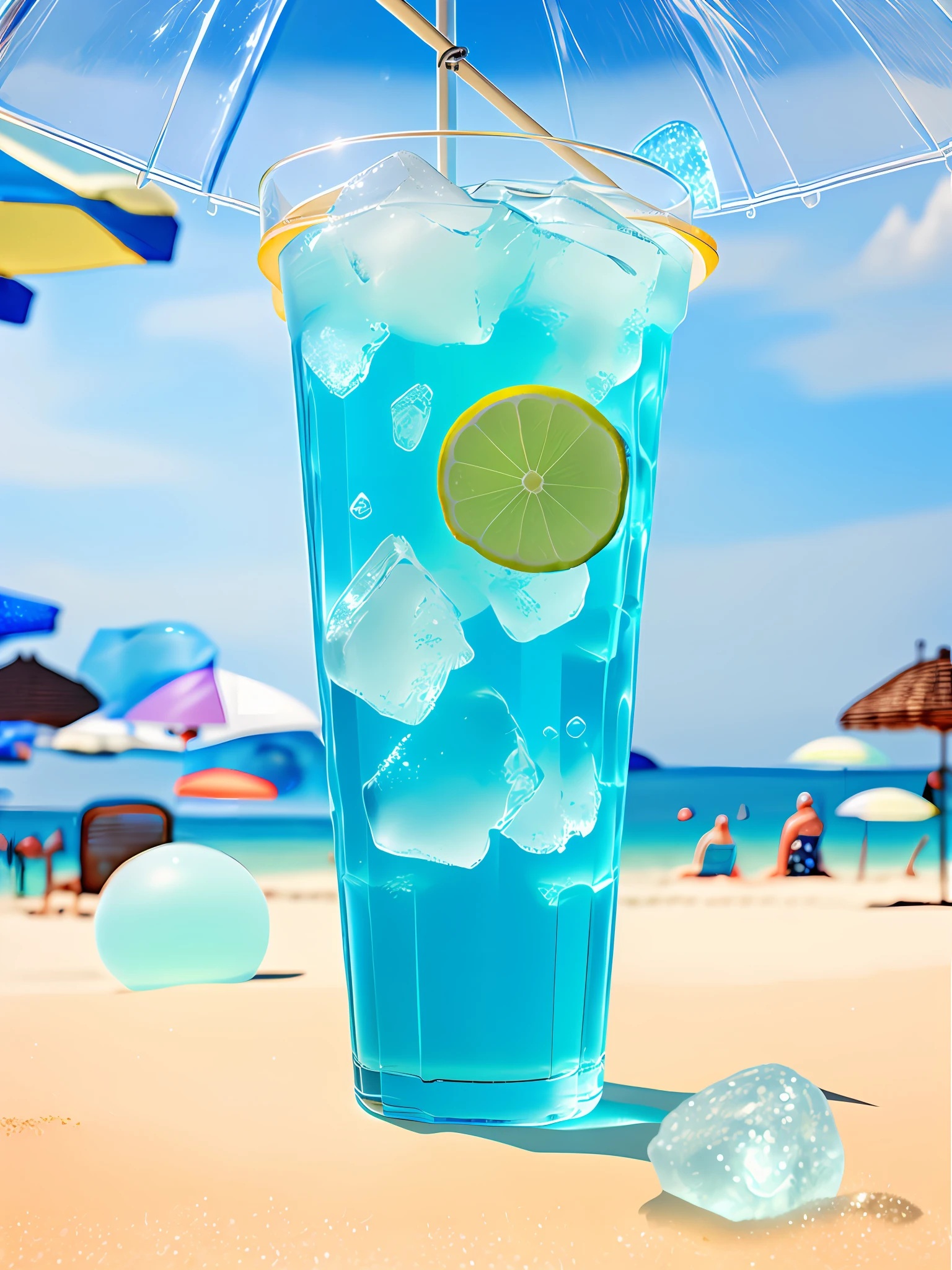 High detail, a glass filled with blue drinks, ice cubes, bubbles, sea beach, umbrella, contour lights